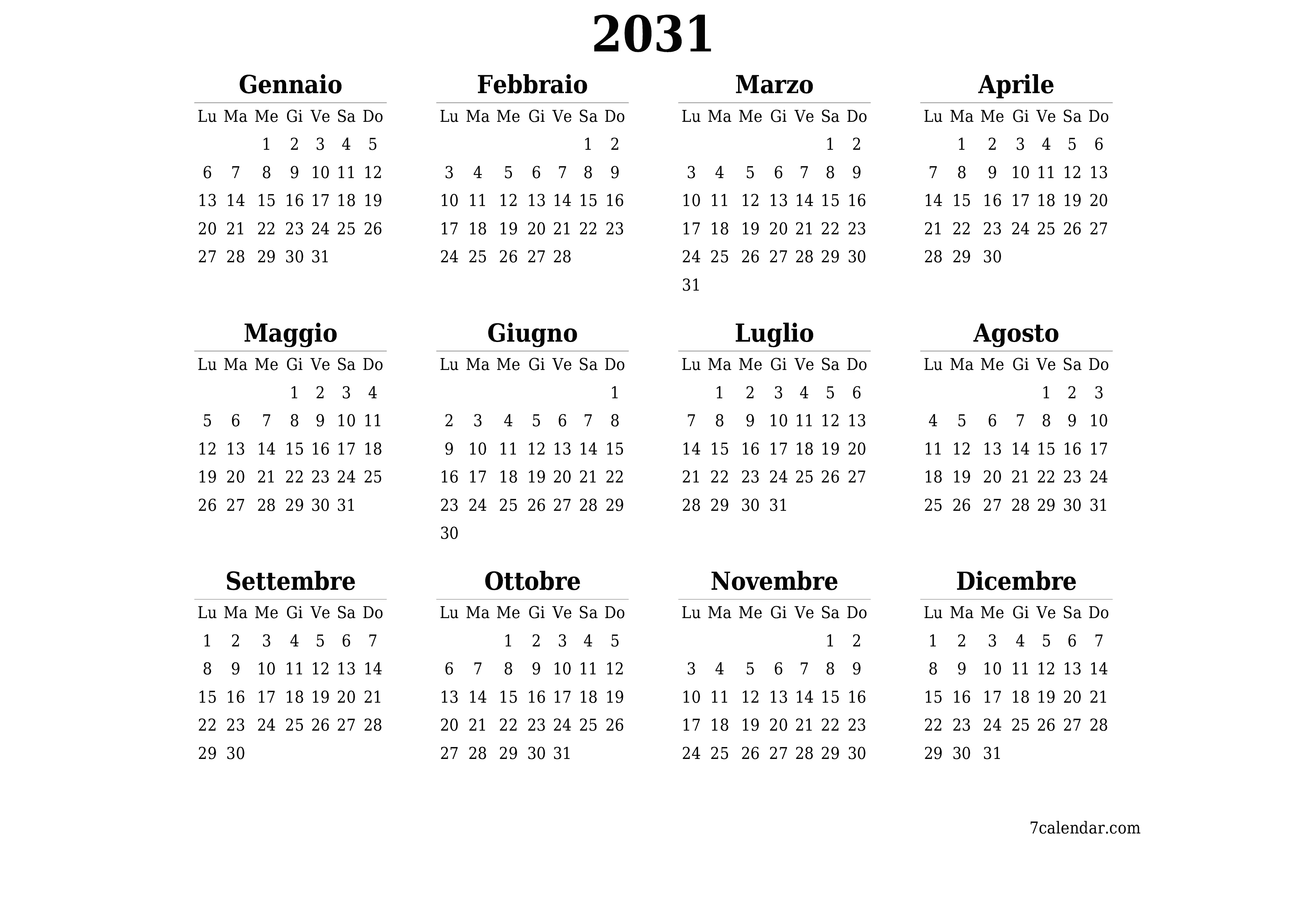 Calendario pianificatore annuale vuoto per l'anno 2031 con note, salva e stampa in PDF PNG Italian