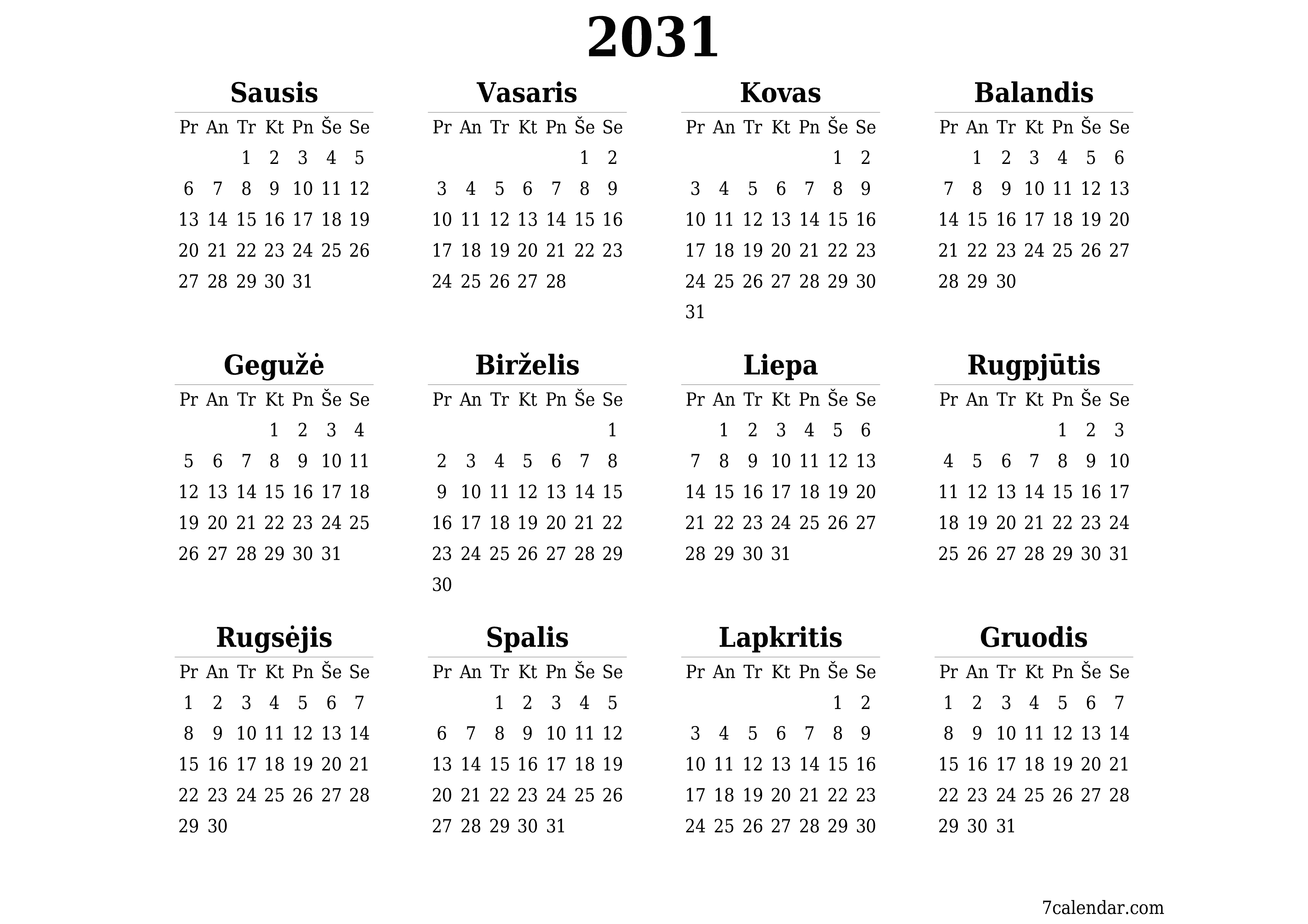 Tuščias metų planavimo kalendorius 2031 su užrašais, išsaugokite ir atsispausdinkite PDF formatu PNG Lithuanian