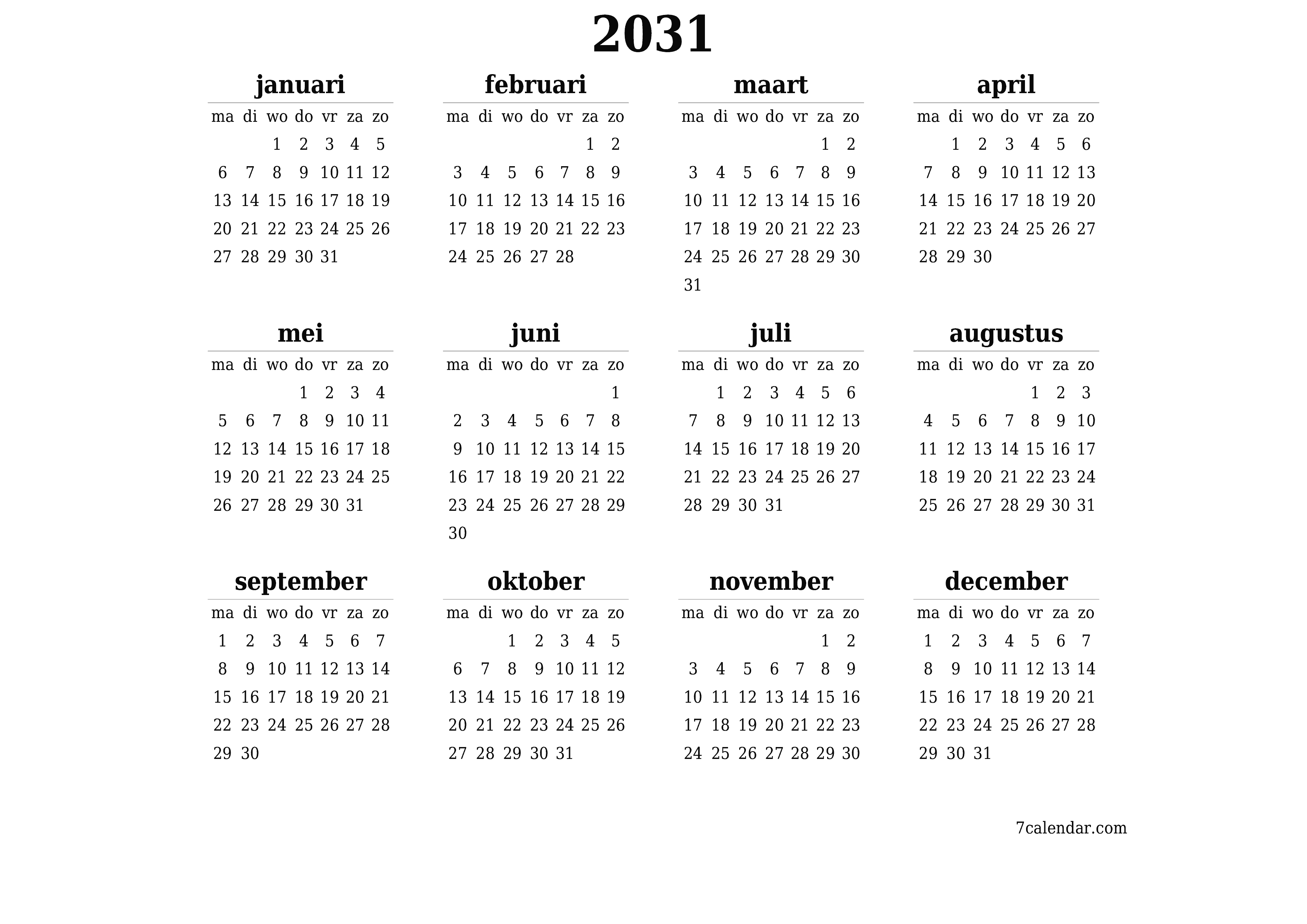 Lege jaarplanningskalender voor het jaar 2031 met notities, opslaan en afdrukken naar pdf PNG Dutch