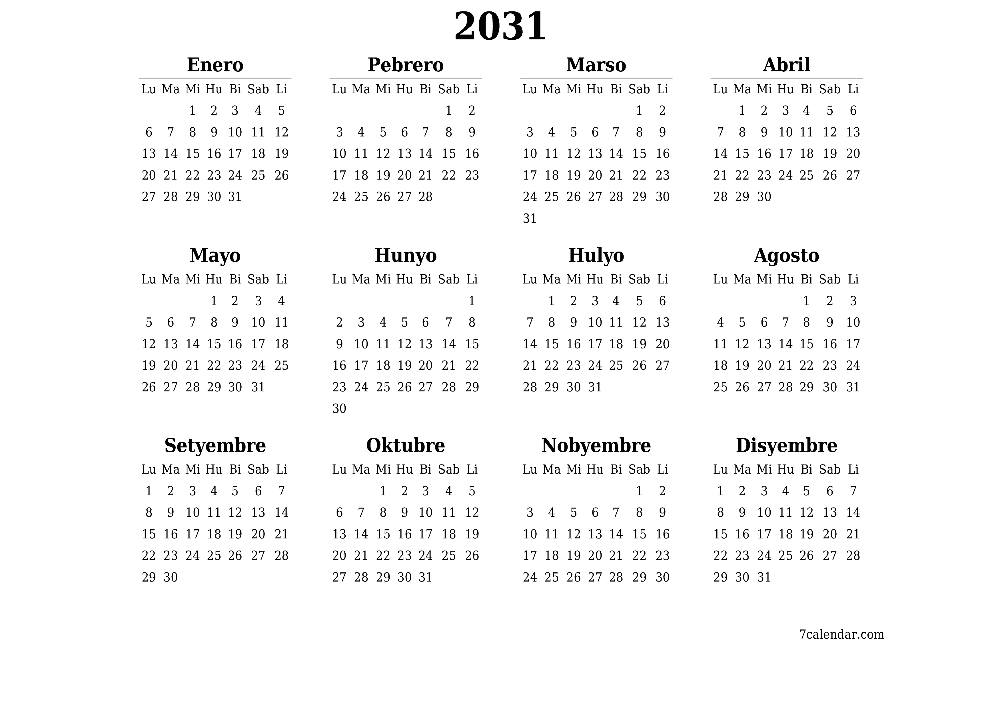 Walang laman ang taunang kalendaryo ng tagaplano para sa taong 2031 na may mga tala, i-save at i-print sa PDF PNG Filipino