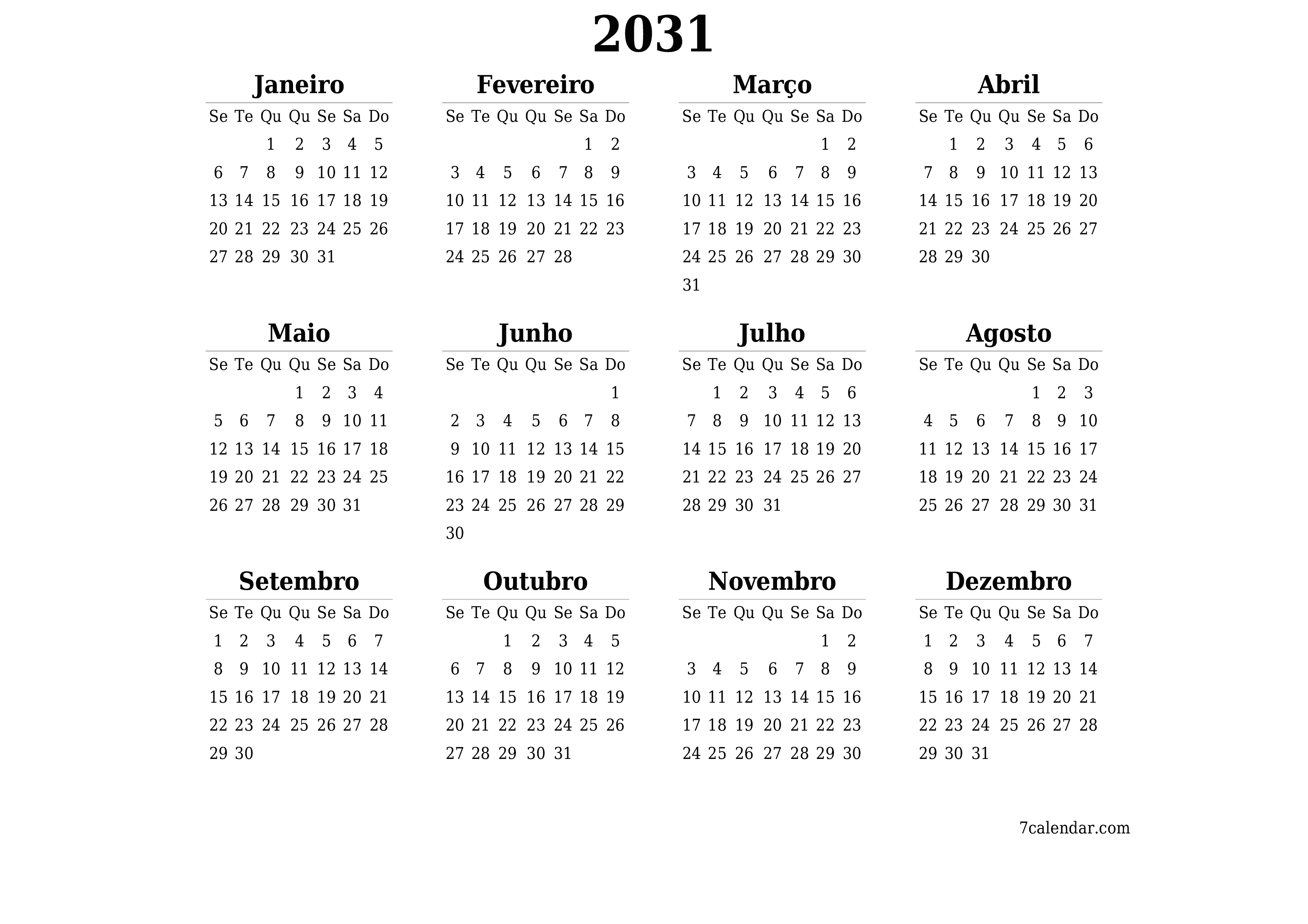 Calendário de planejador anual vazio para o ano 2031 com notas, salve e imprima em PDF PNG Portuguese