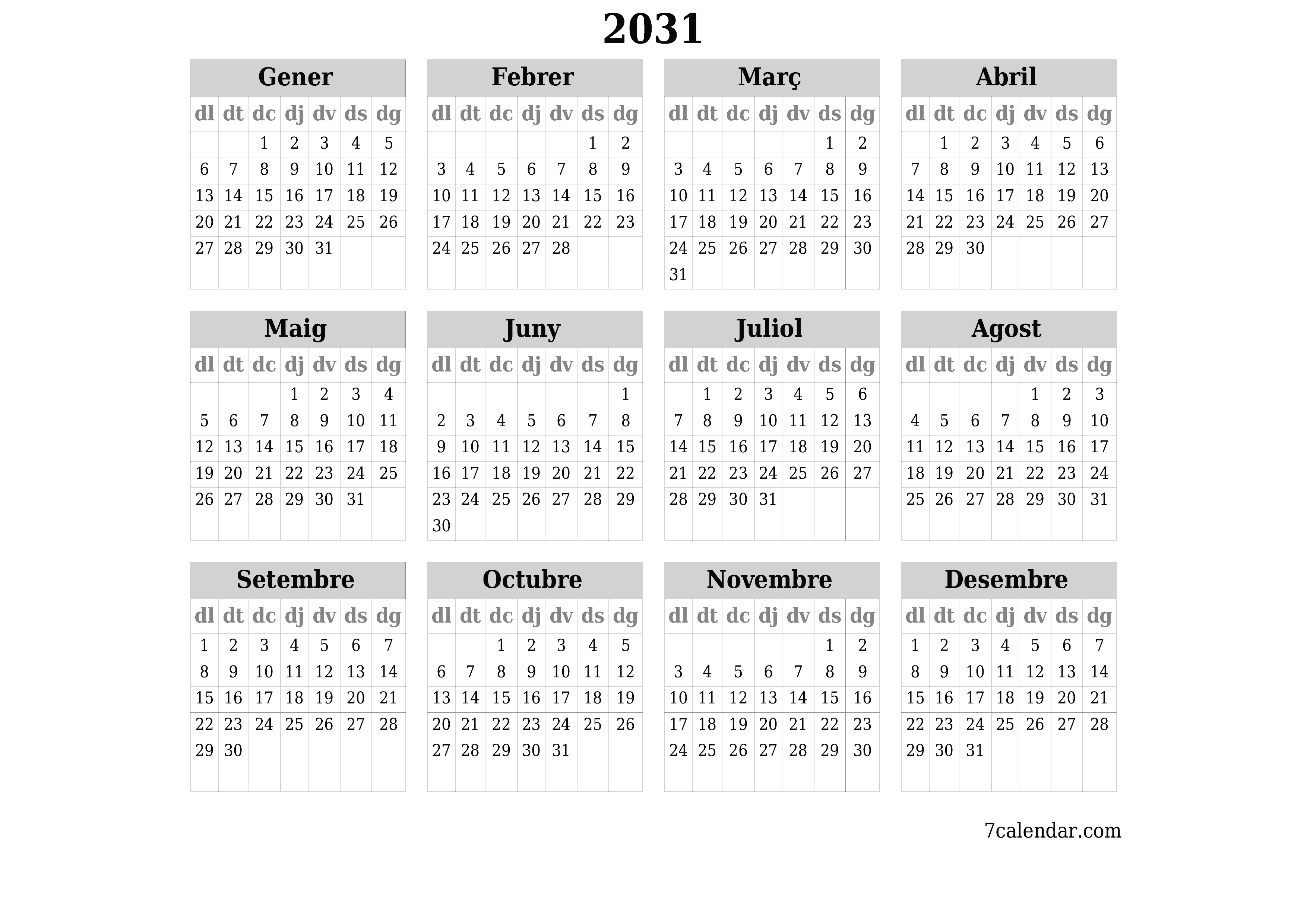 Planificador anual buit 2031 amb notes desades i imprimides en PDF PNG Catalan