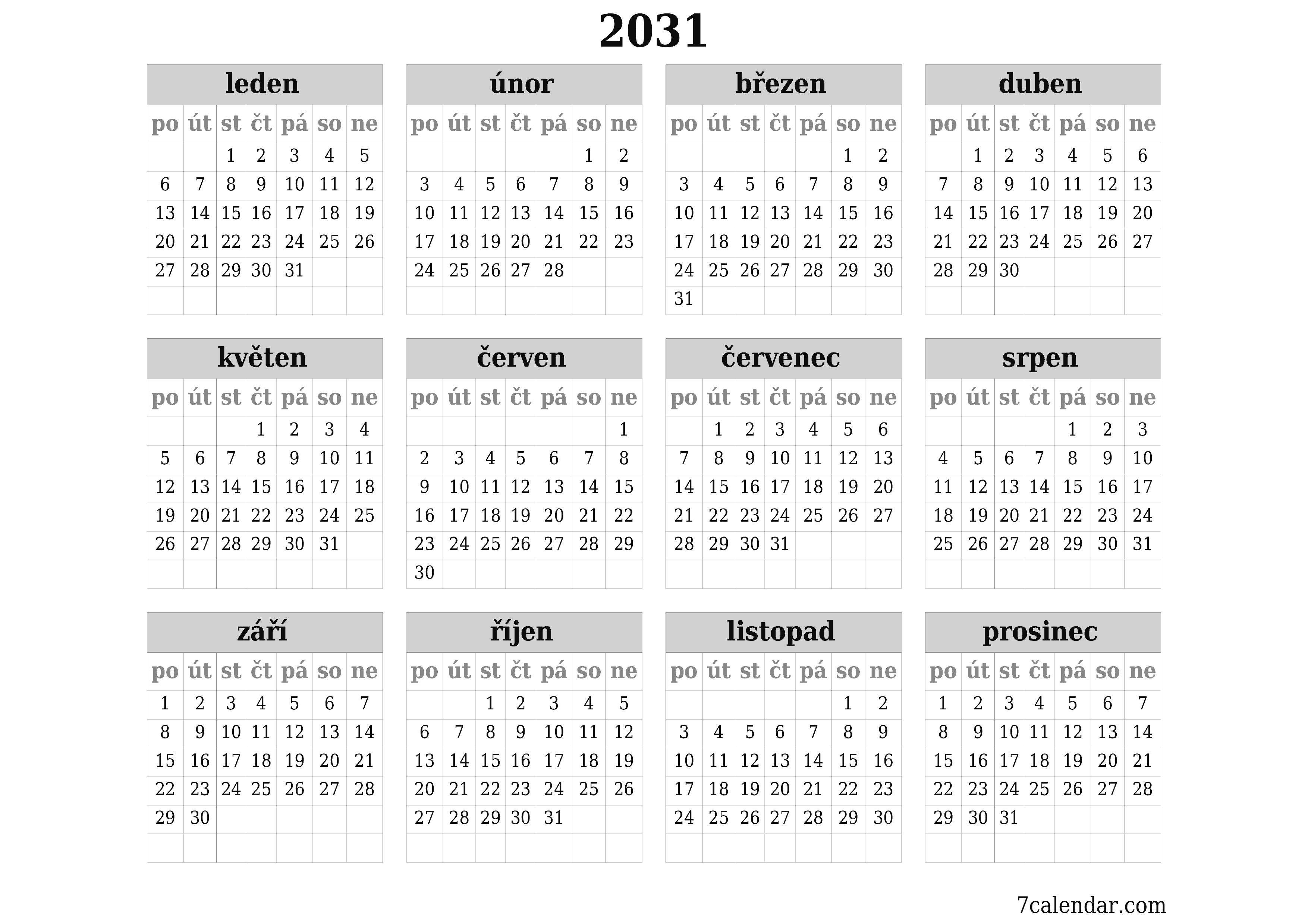  pro tisk nástěnný šablona e zdarmahorizontální Roční kalendář květen (kvě) 2031