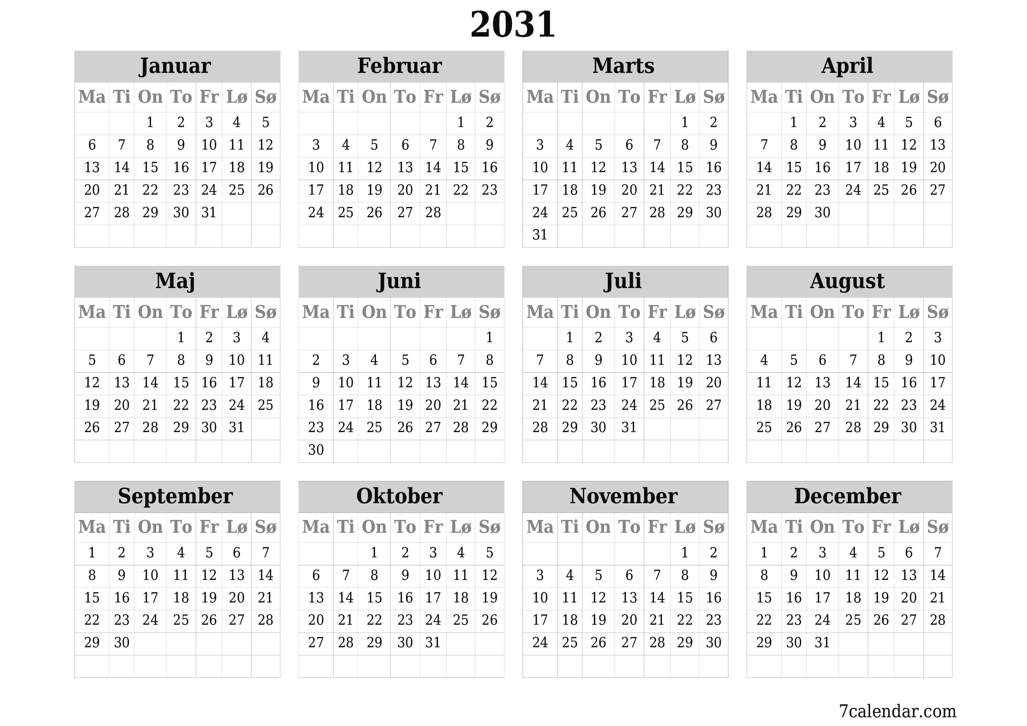 Tom årlig planlægningskalender for året 2031 med noter, gem og udskriv til PDF PNG Danish