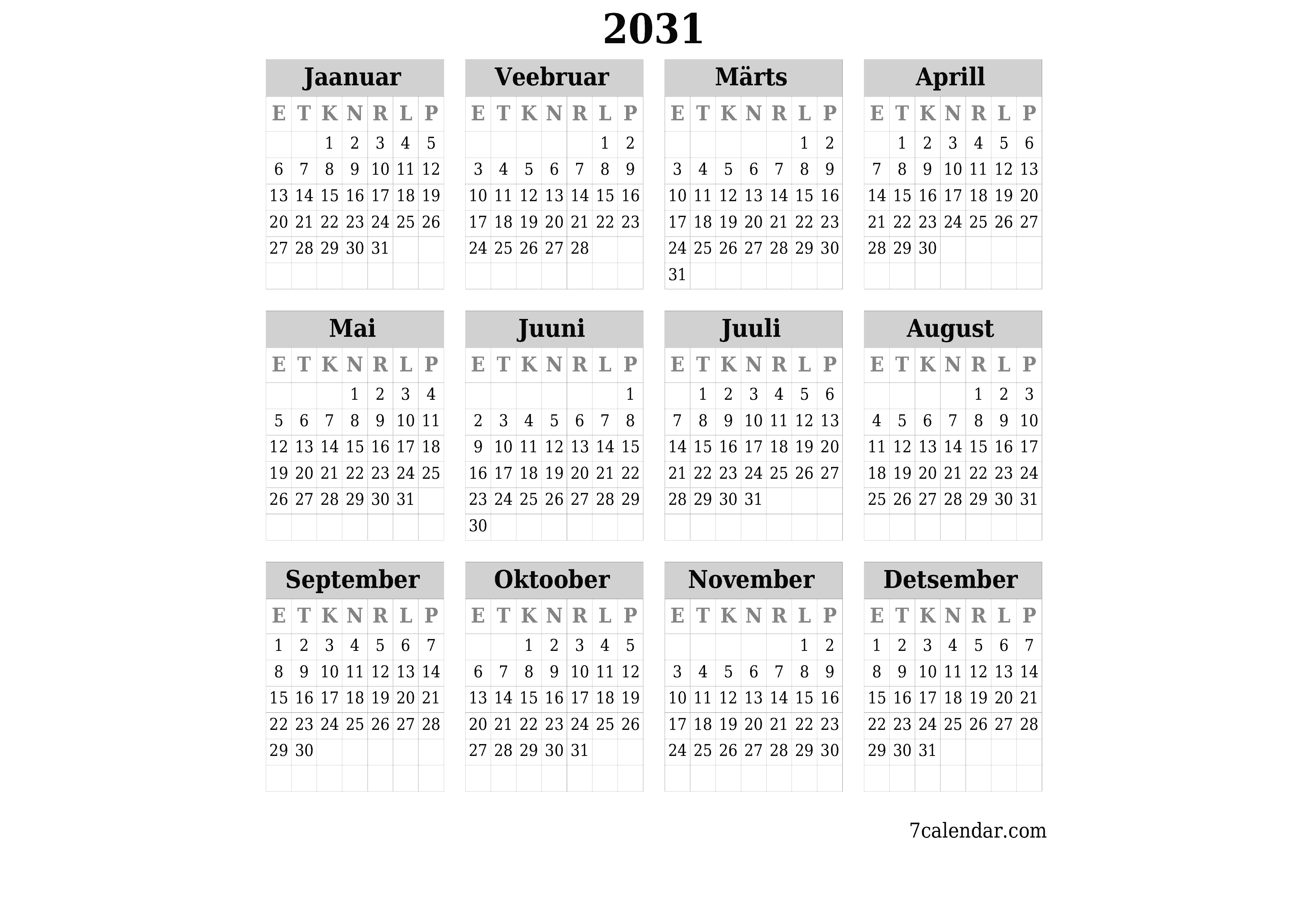 Tühi aasta planeerija kalender aastaks 2031 koos märkmetega, salvestage ja printige PDF-i PNG Estonian