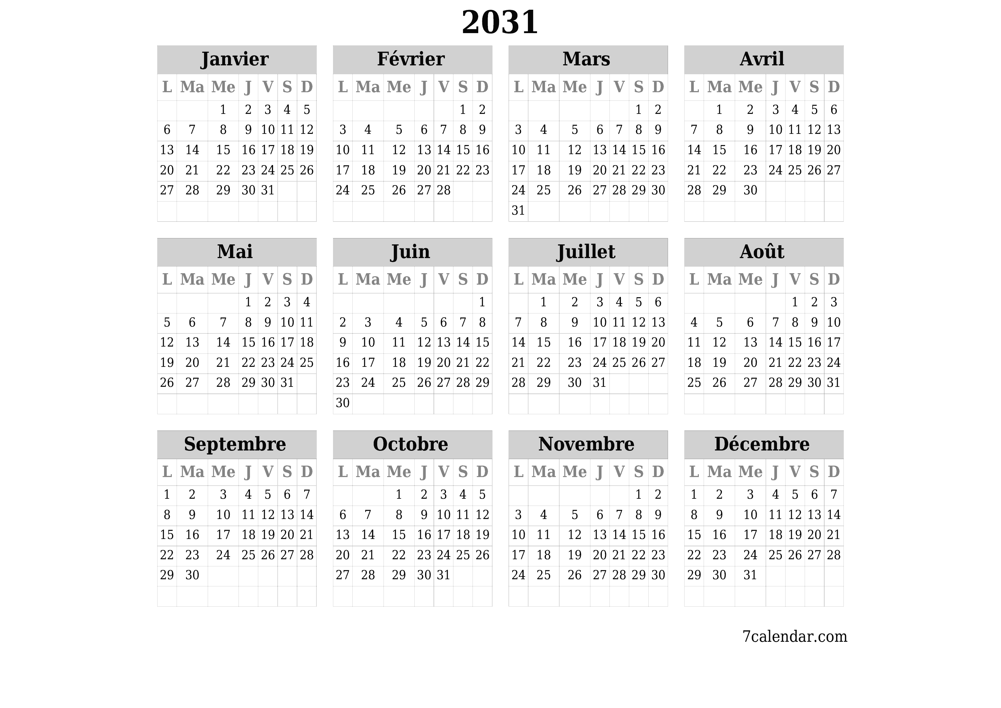 Calendrier annuel vide pour l'année 2031 avec notes, enregistrer et imprimer au format PDF PNG French