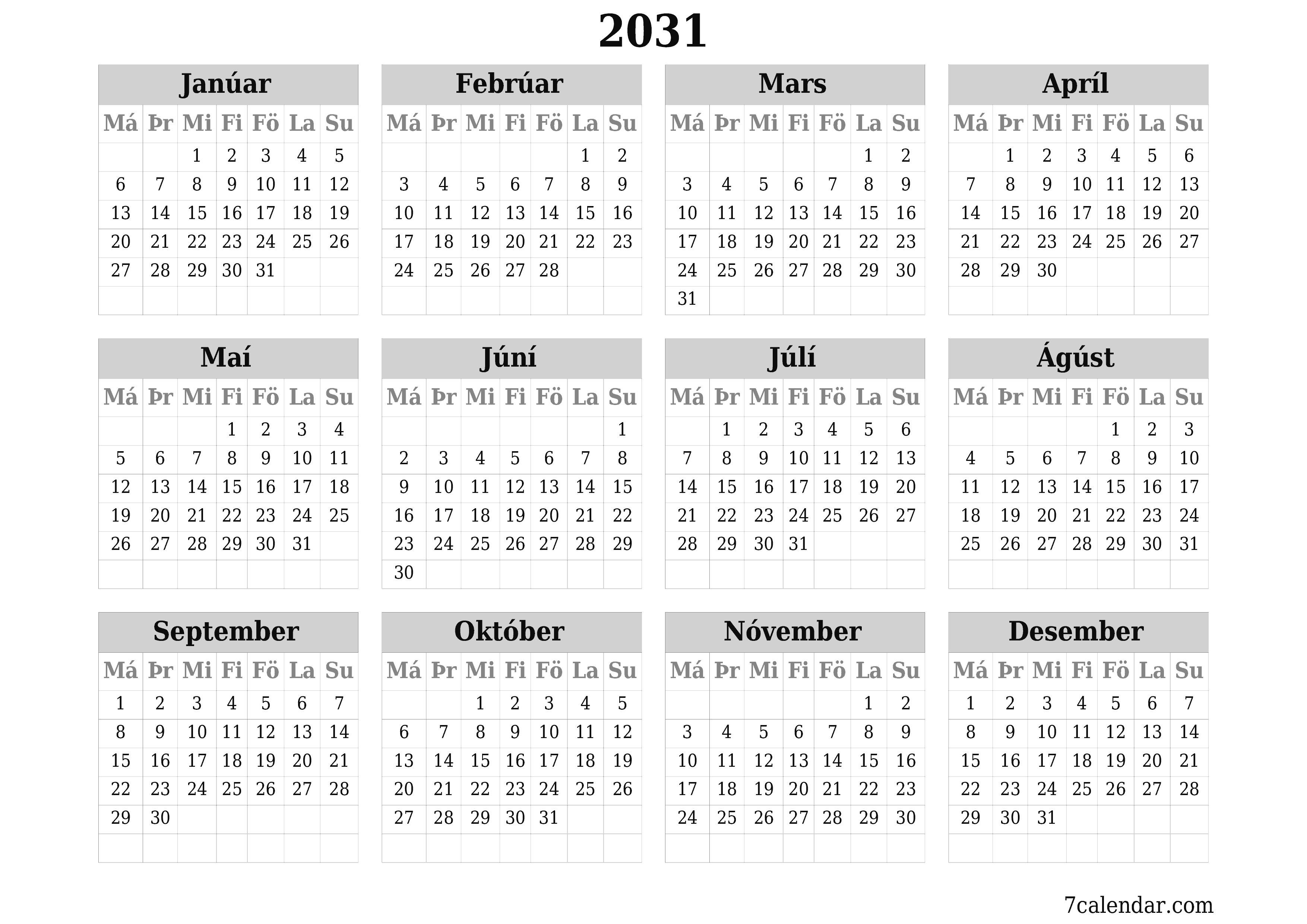 Tómt árlegt dagatal skipuleggjanda fyrir árið 2031 með athugasemdum, vista og prenta á PDF PNG Icelandic