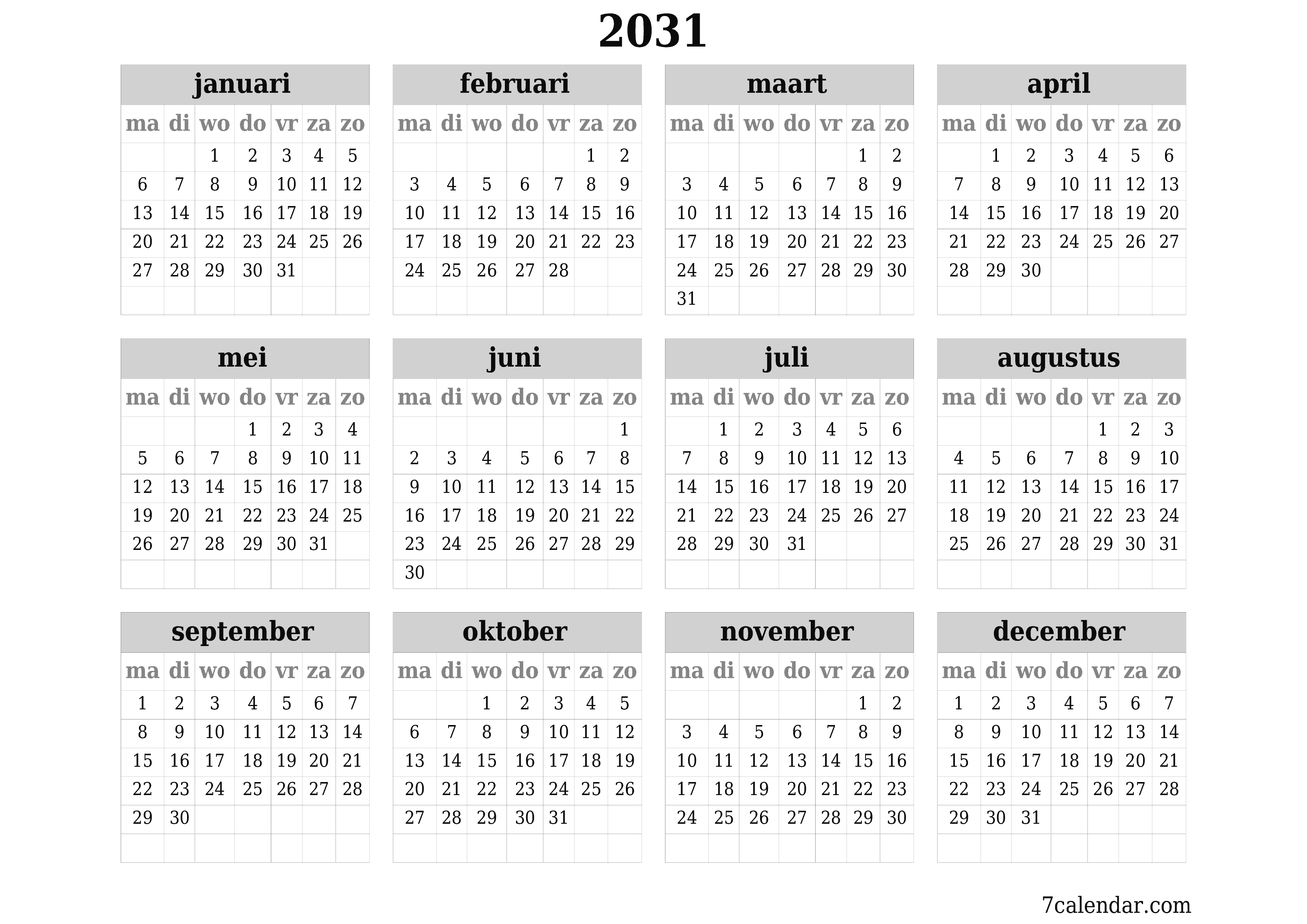 Lege jaarplanningskalender voor het jaar 2031 met notities, opslaan en afdrukken naar pdf PNG Dutch