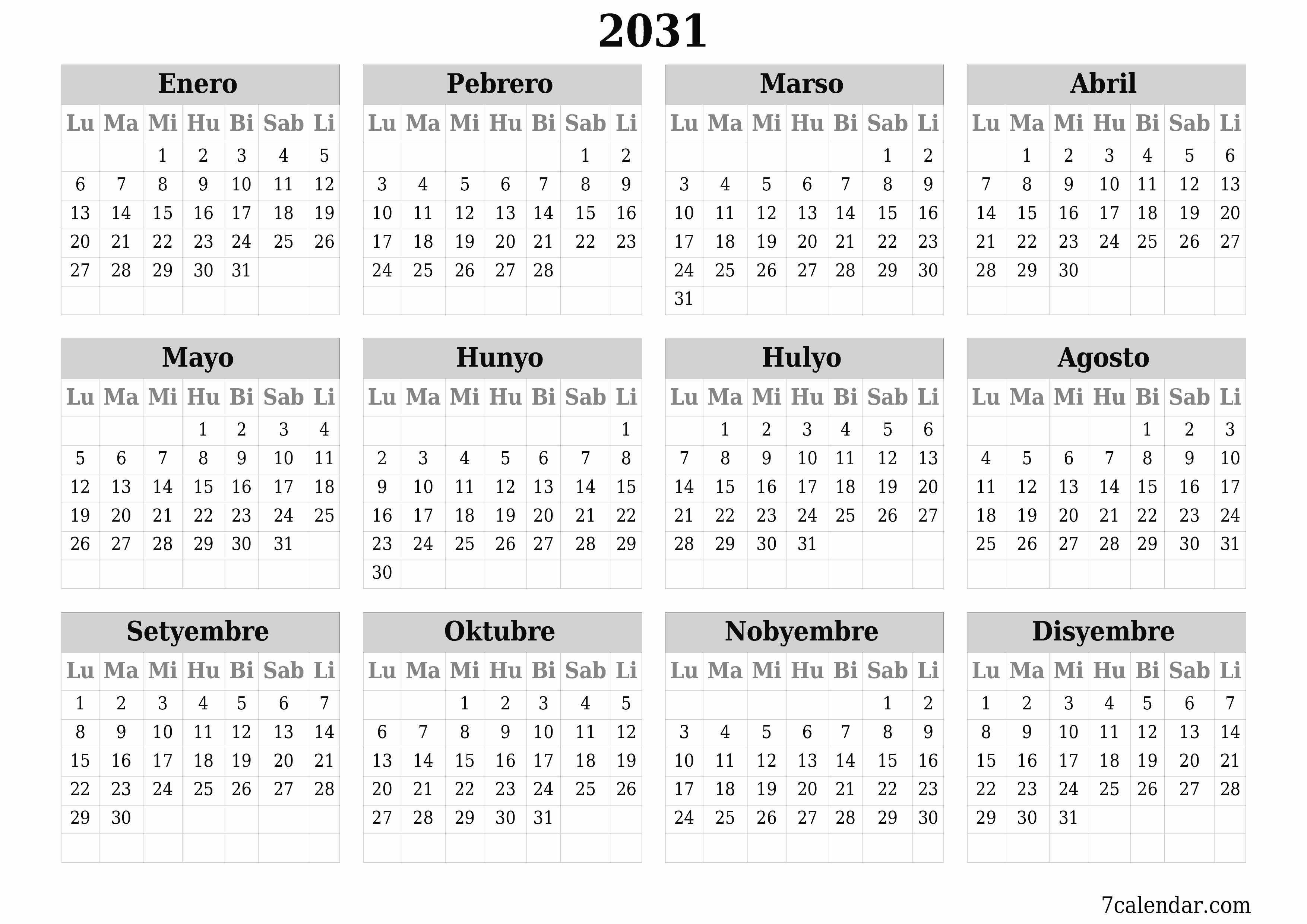 Walang laman ang taunang kalendaryo ng tagaplano para sa taong 2031 na may mga tala, i-save at i-print sa PDF PNG Filipino