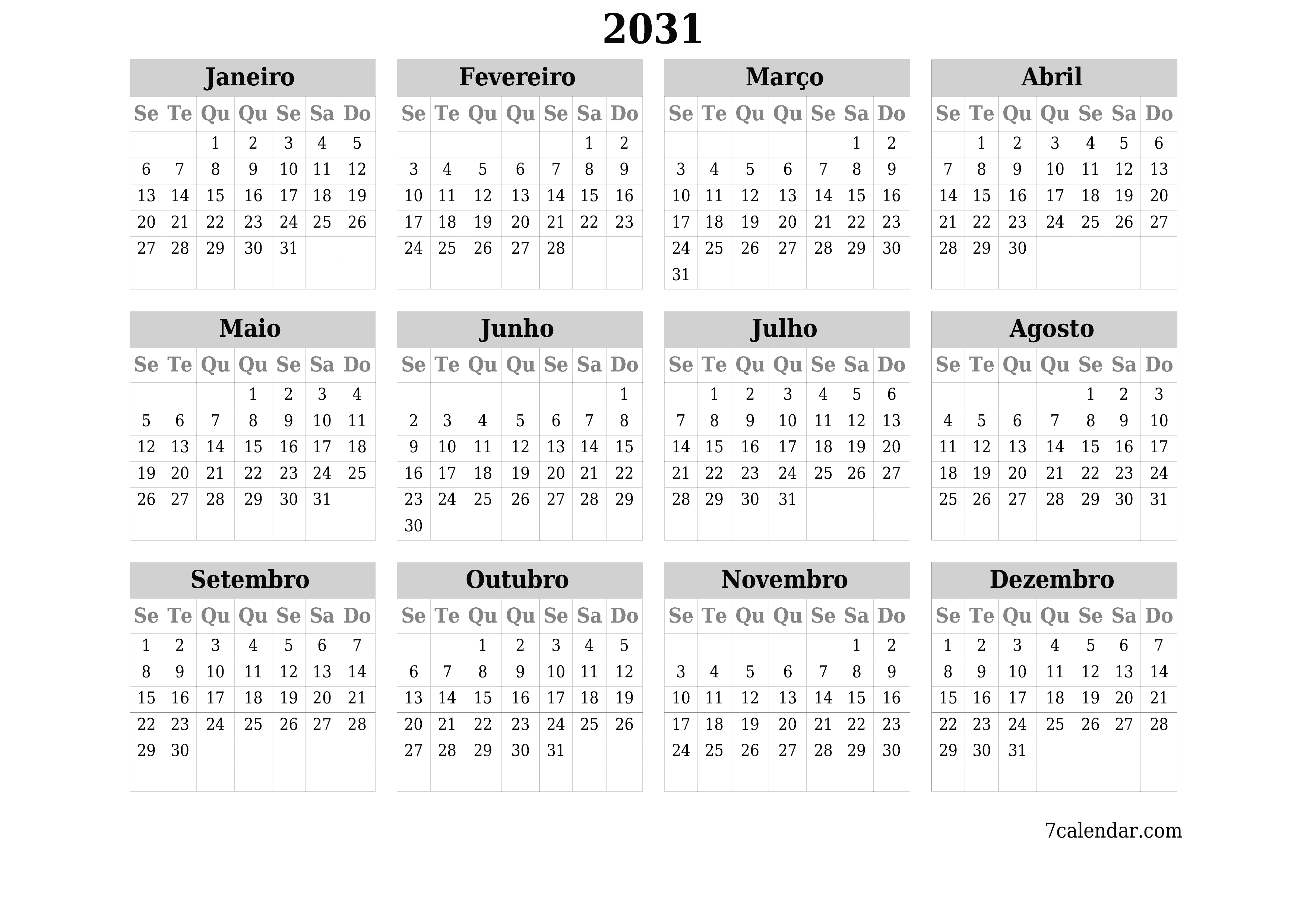 Calendário de planejador anual vazio para o ano 2031 com notas, salve e imprima em PDF PNG Portuguese