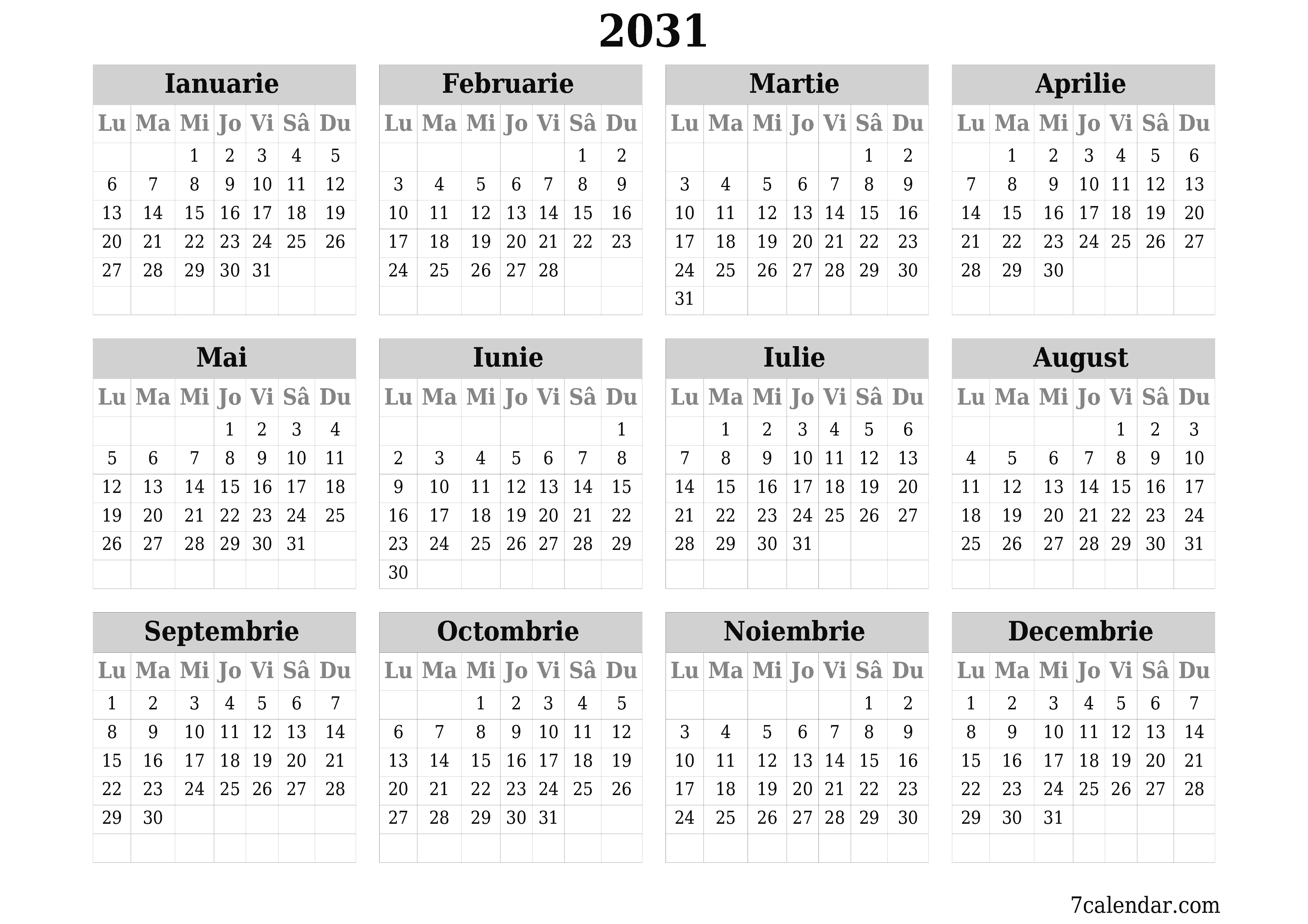 Goliți calendarul anual al planificatorului pentru anul 2031 cu note, salvați și tipăriți în PDF PNG Romanian