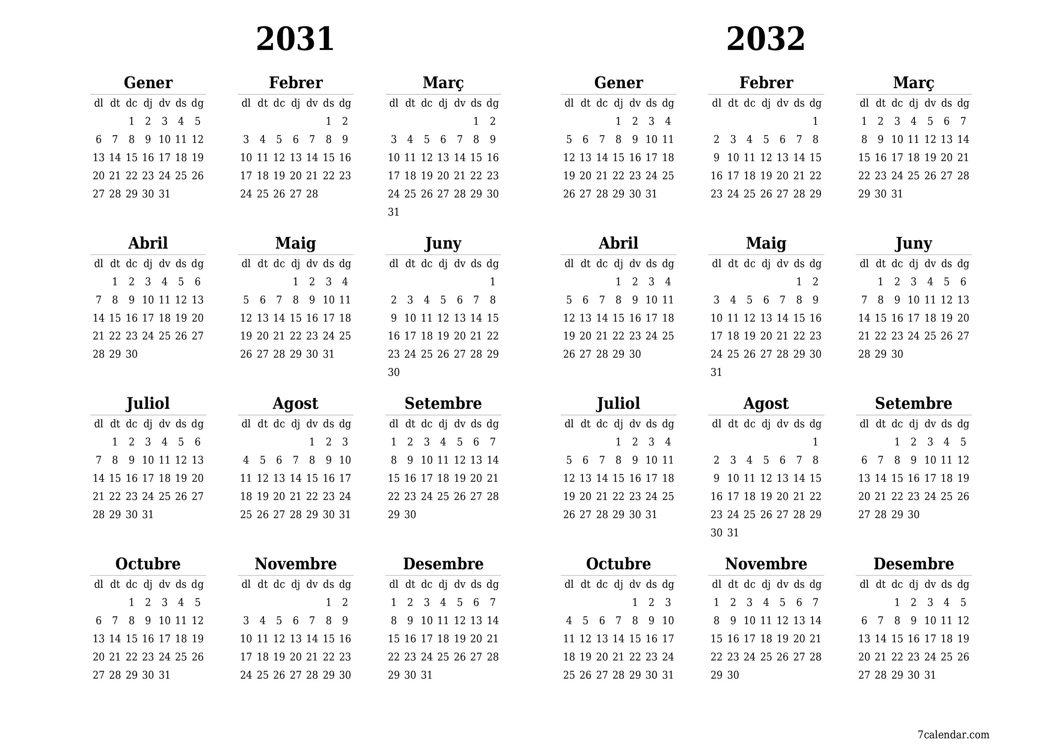 Planificador anual buit 2031, 2032 amb notes desades i imprimides en PDF PNG Catalan