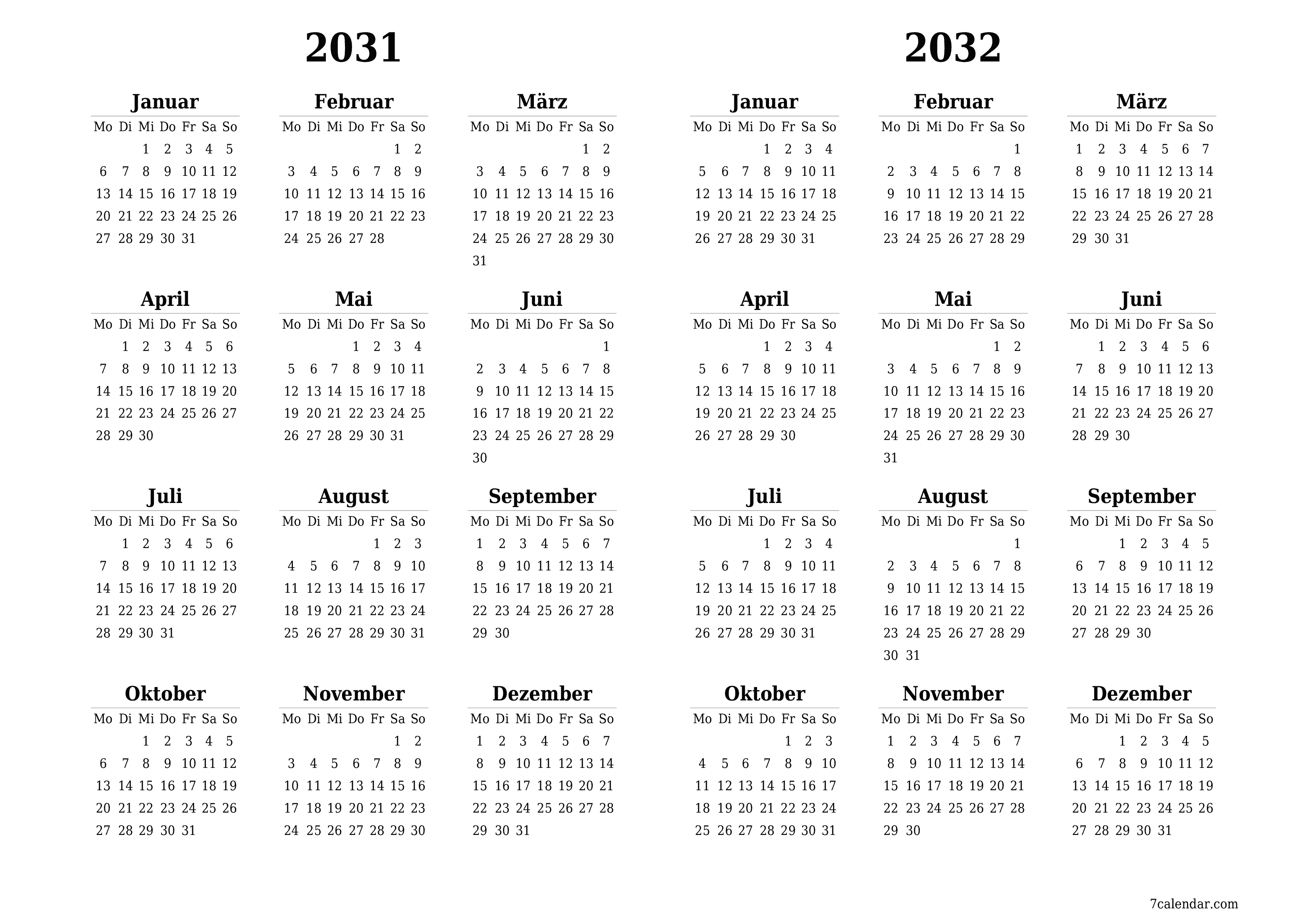 Jahresplanerkalender für das Jahr 2031, 2032 mit Notizen leeren, speichern und als PDF PNG German - 7calendar.com drucken