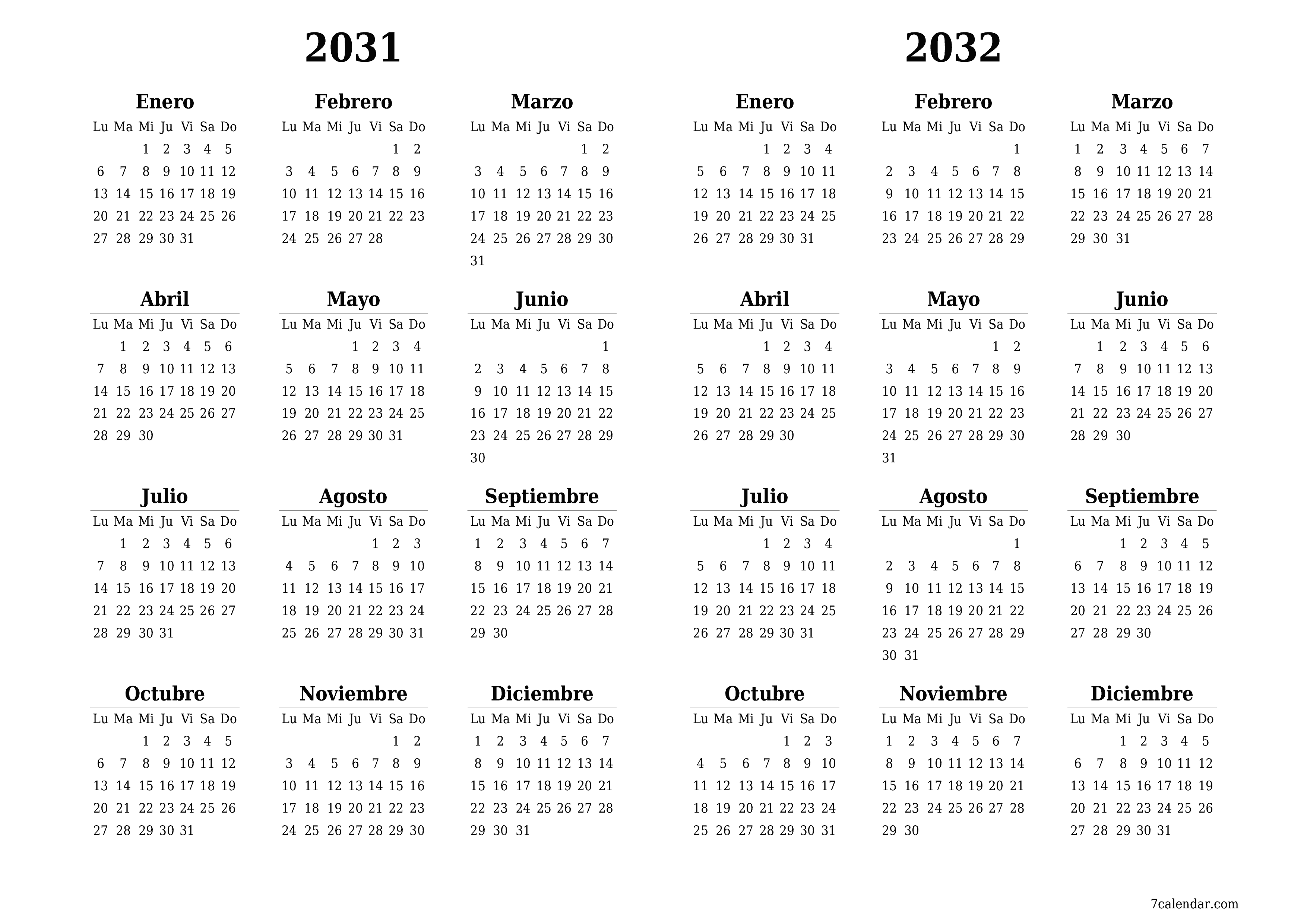Calendario planificador anual vacío para el año 2031, 2032 con notas, guardar e imprimir en PDF PNG Spanish