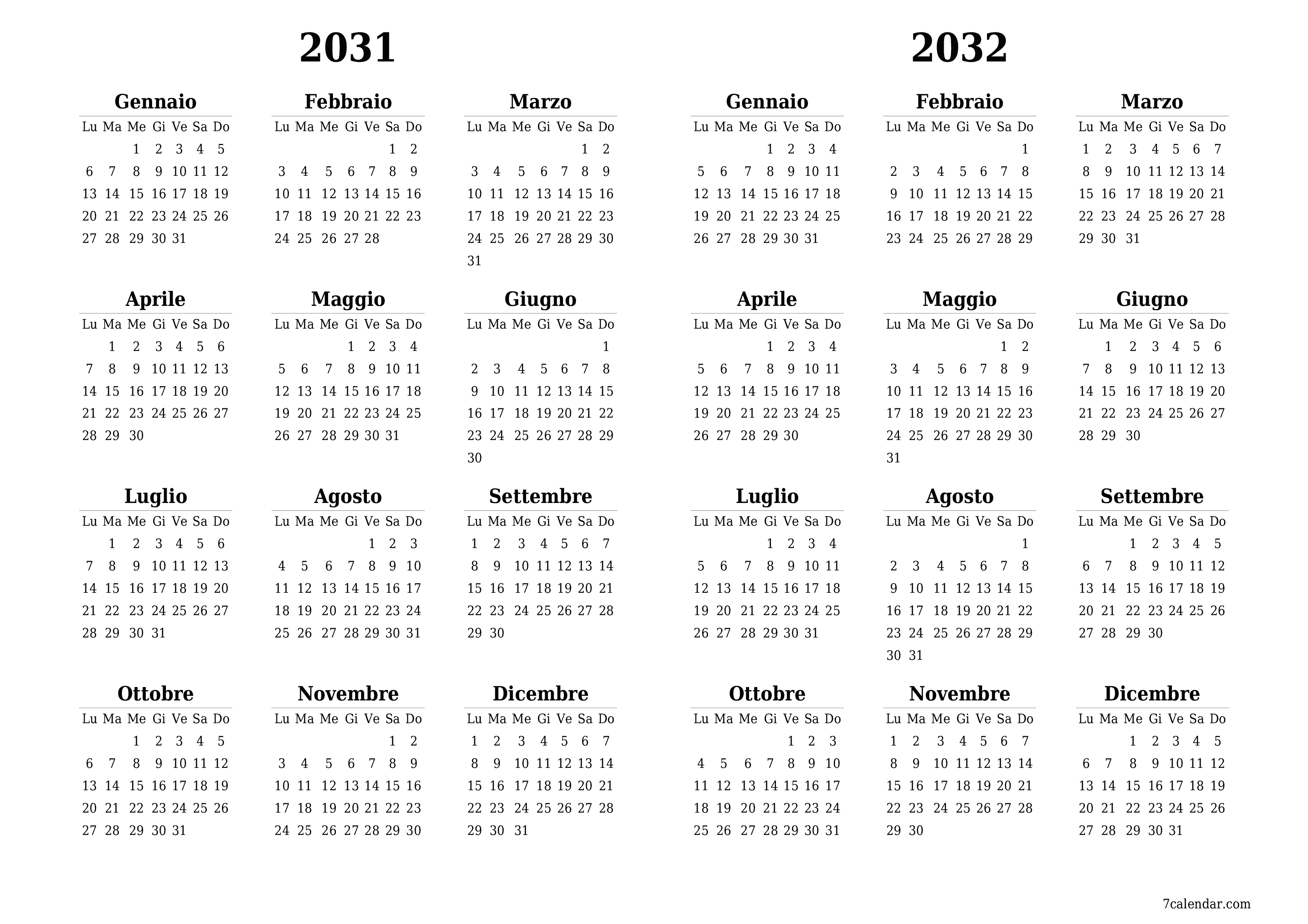 Calendario pianificatore annuale vuoto per l'anno 2031, 2032 con note, salva e stampa in PDF PNG Italian