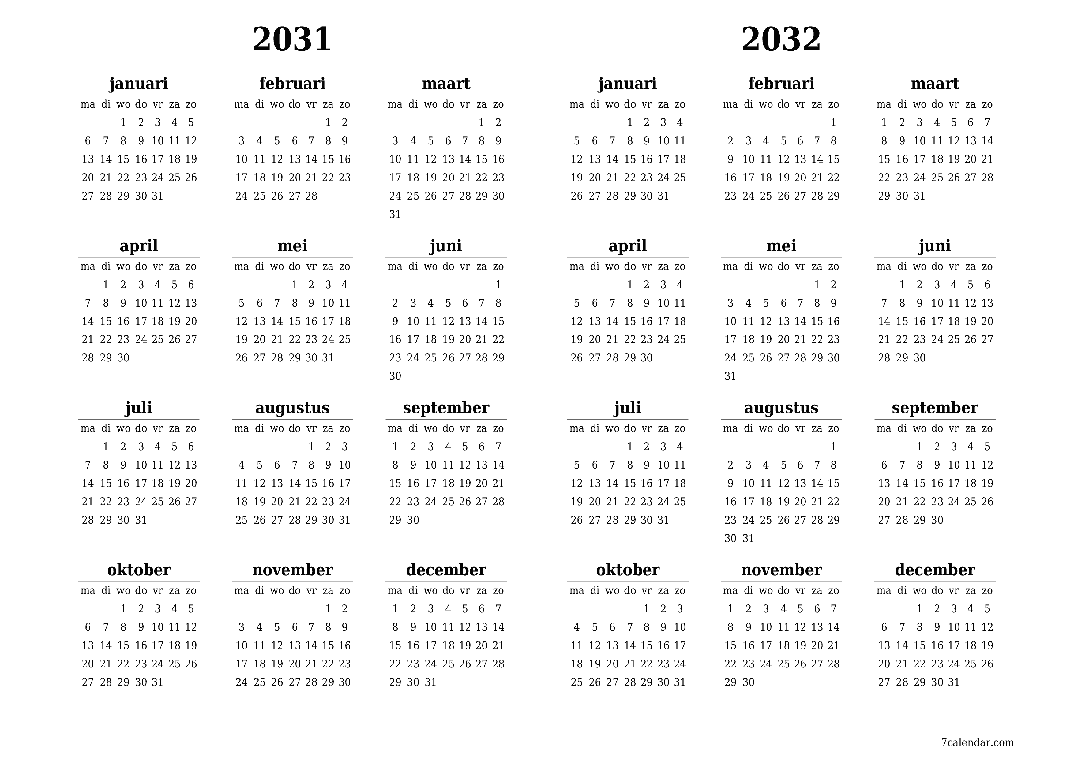 Lege jaarplanningskalender voor het jaar 2031, 2032 met notities, opslaan en afdrukken naar pdf PNG Dutch