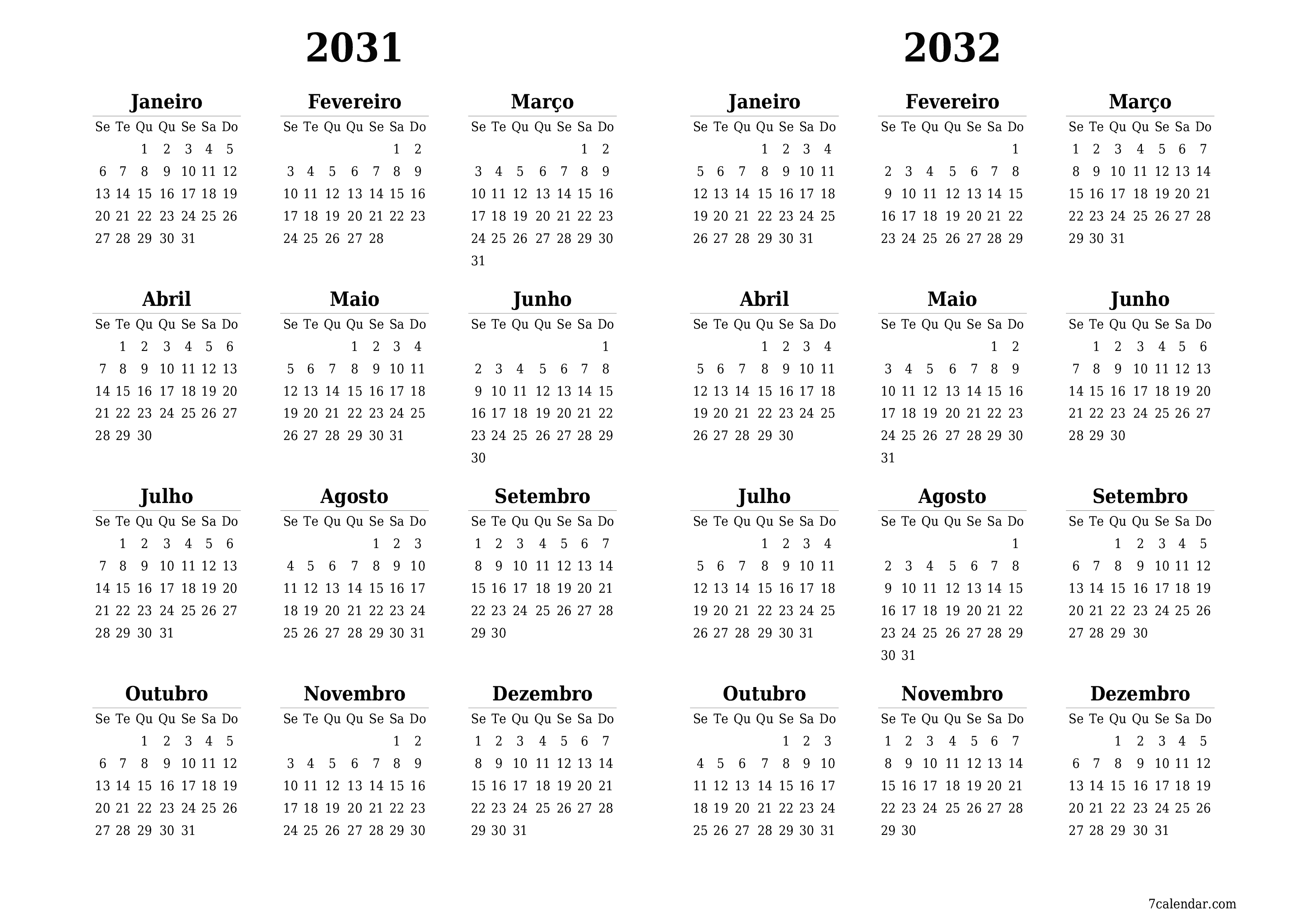 Calendário de planejador anual vazio para o ano 2031, 2032 com notas, salve e imprima em PDF PNG Portuguese