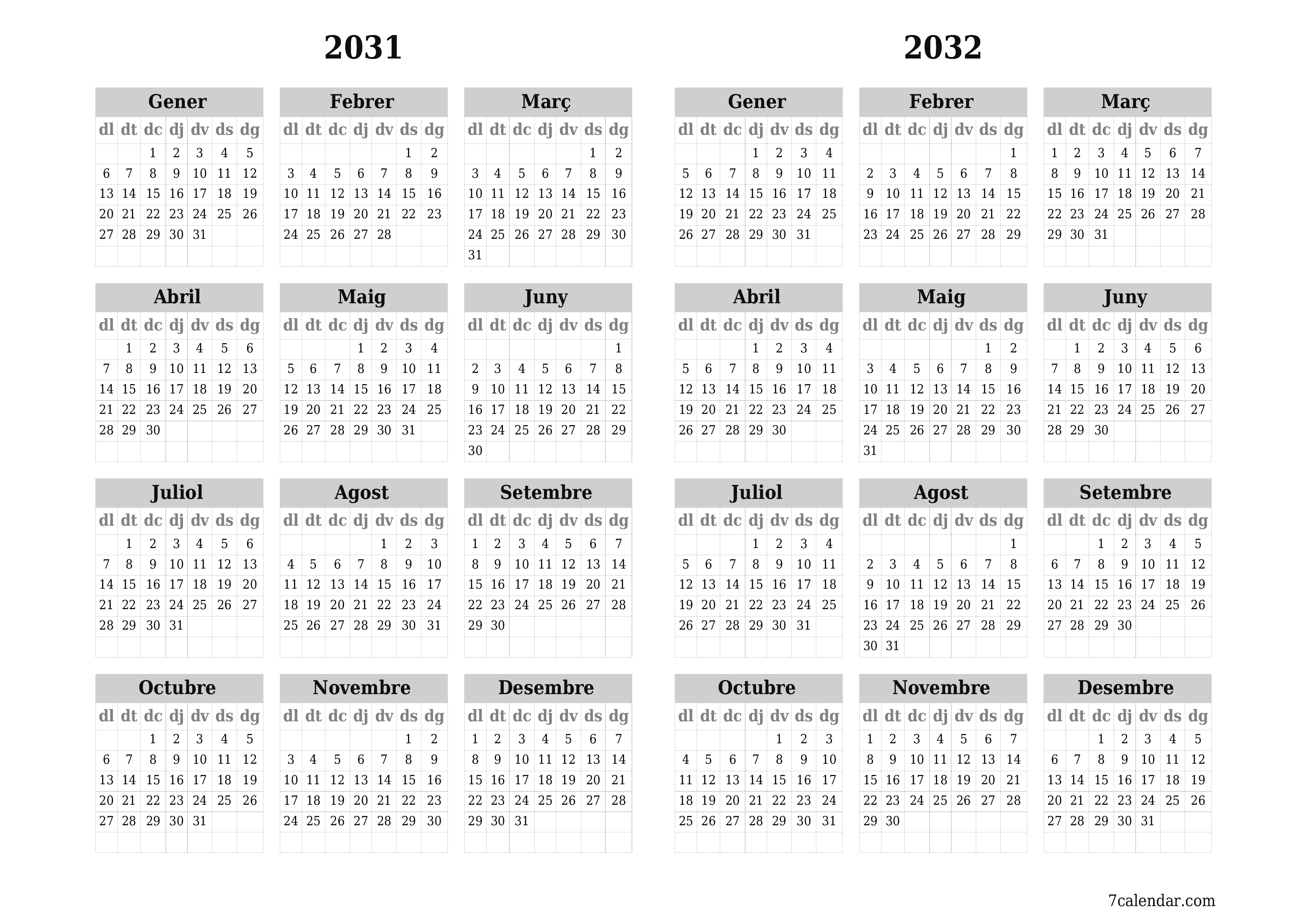 Planificador anual buit 2031, 2032 amb notes desades i imprimides en PDF PNG Catalan