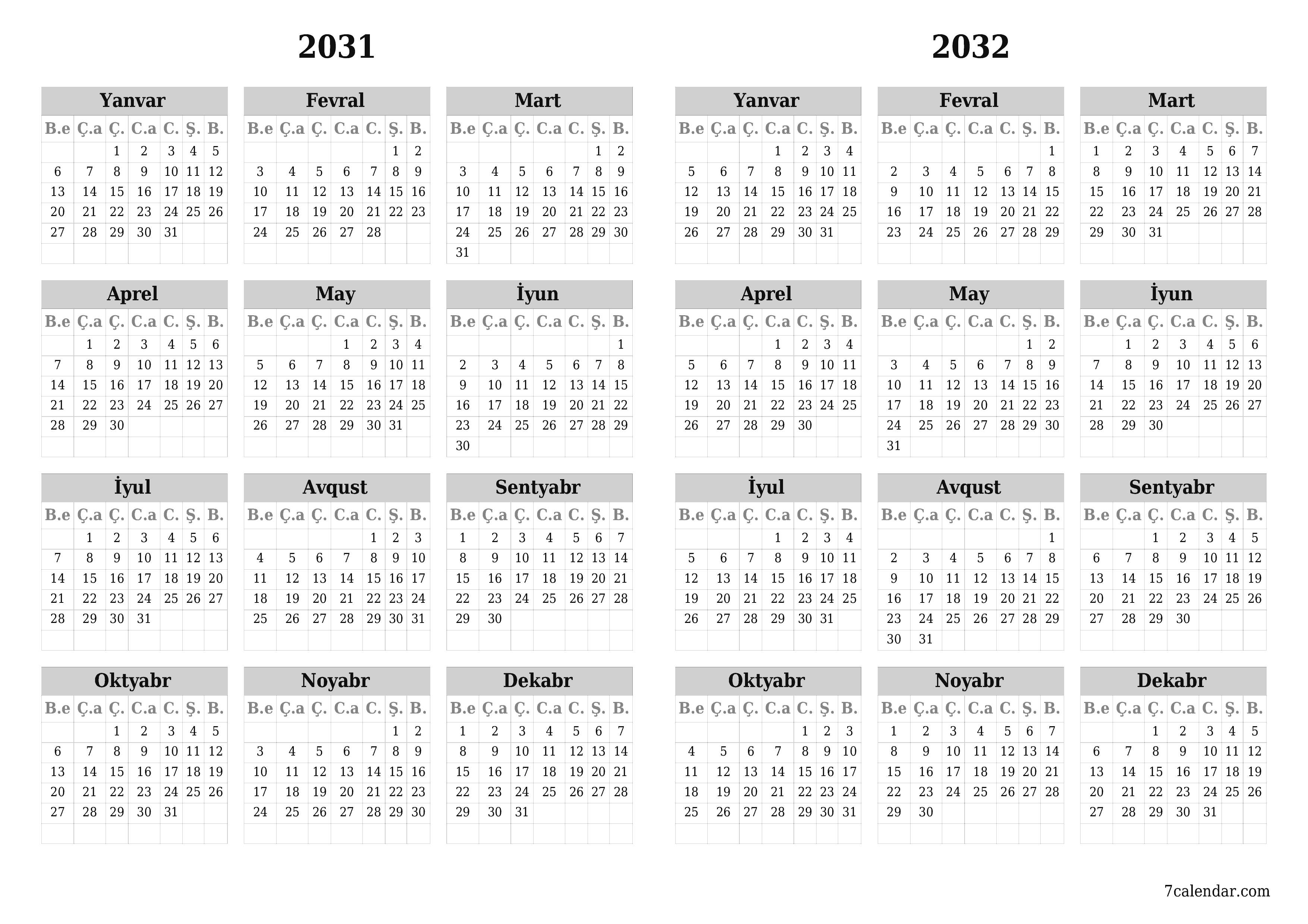 2031, 2032 ili üçün illik illik planlayıcı təqvim, qeydlər ilə boş saxlayın, qeyd edin və PDF-ə yazdırın PNG Azerbaijani