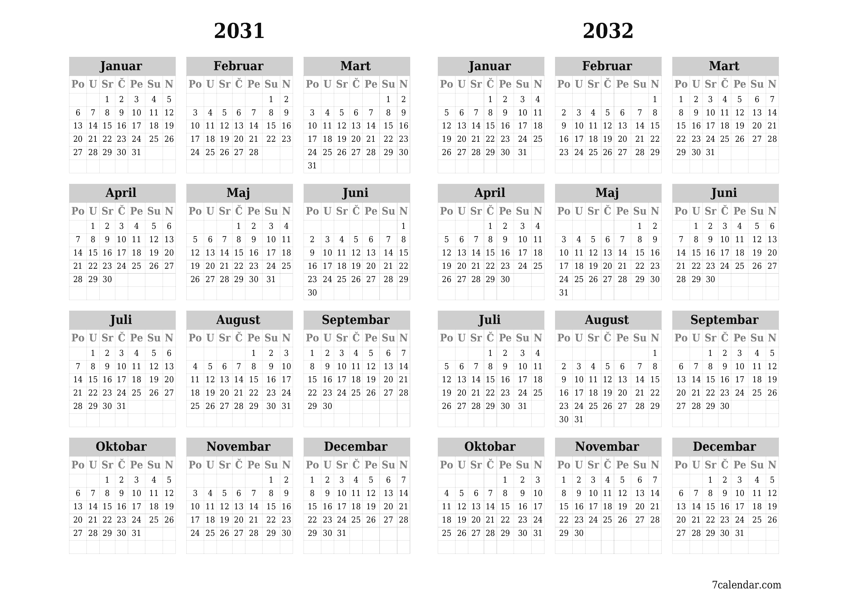 Ispraznite godišnji kalendar planera za godinu 2031, 2032 s bilješkama, spremite i ispišite u PDF PNG Bosnian