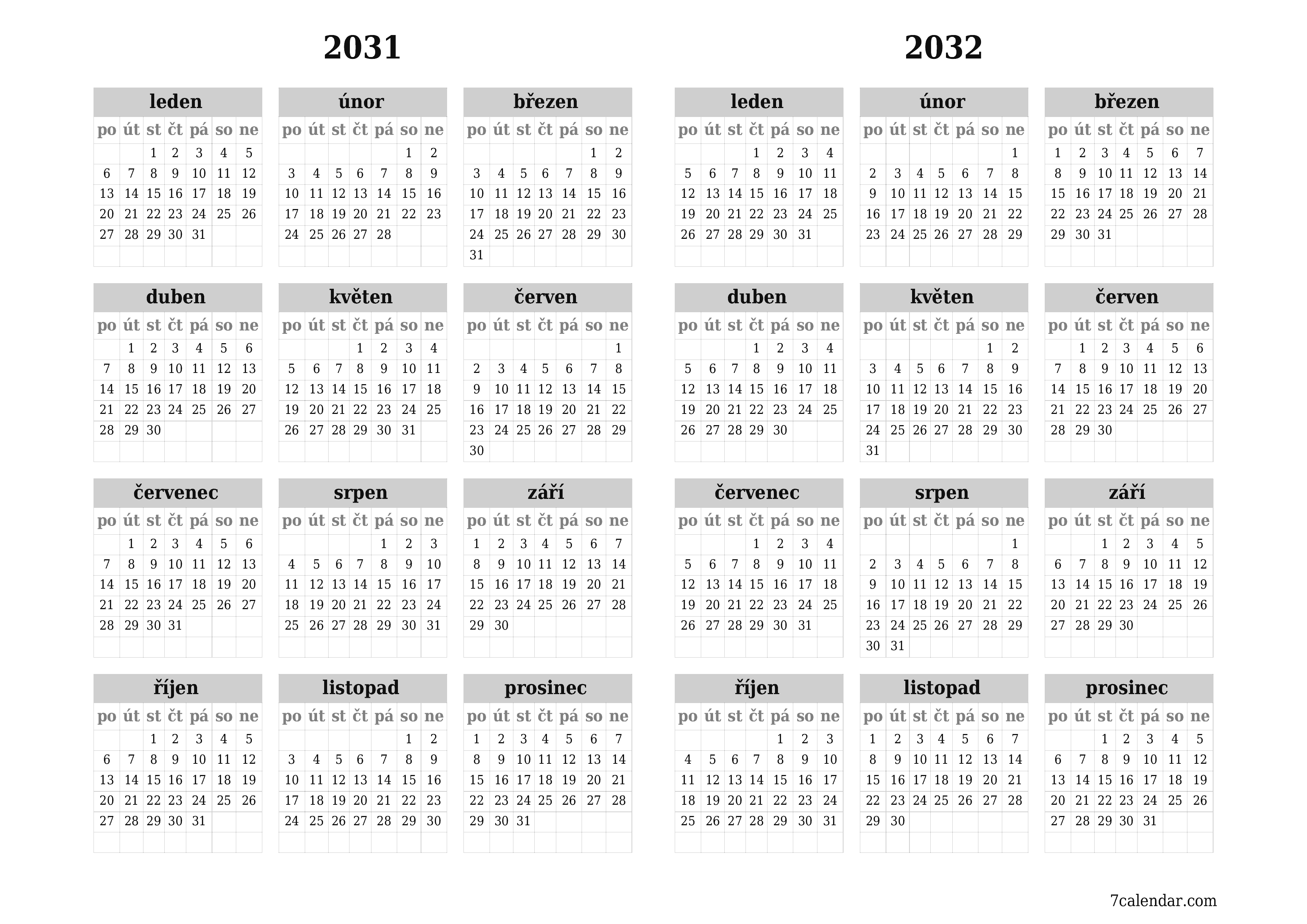  pro tisk nástěnný šablona e zdarmahorizontální Roční kalendář květen (kvě) 2031