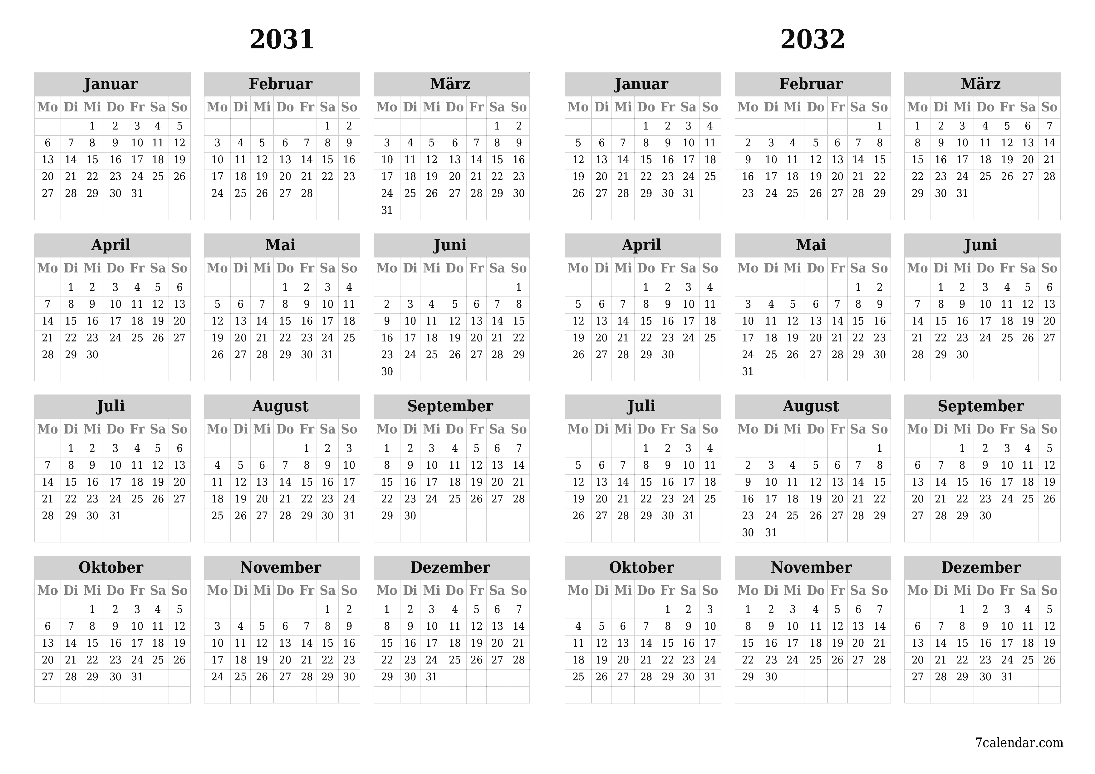 Jahresplanerkalender für das Jahr 2031, 2032 mit Notizen leeren, speichern und als PDF PNG German - 7calendar.com drucken