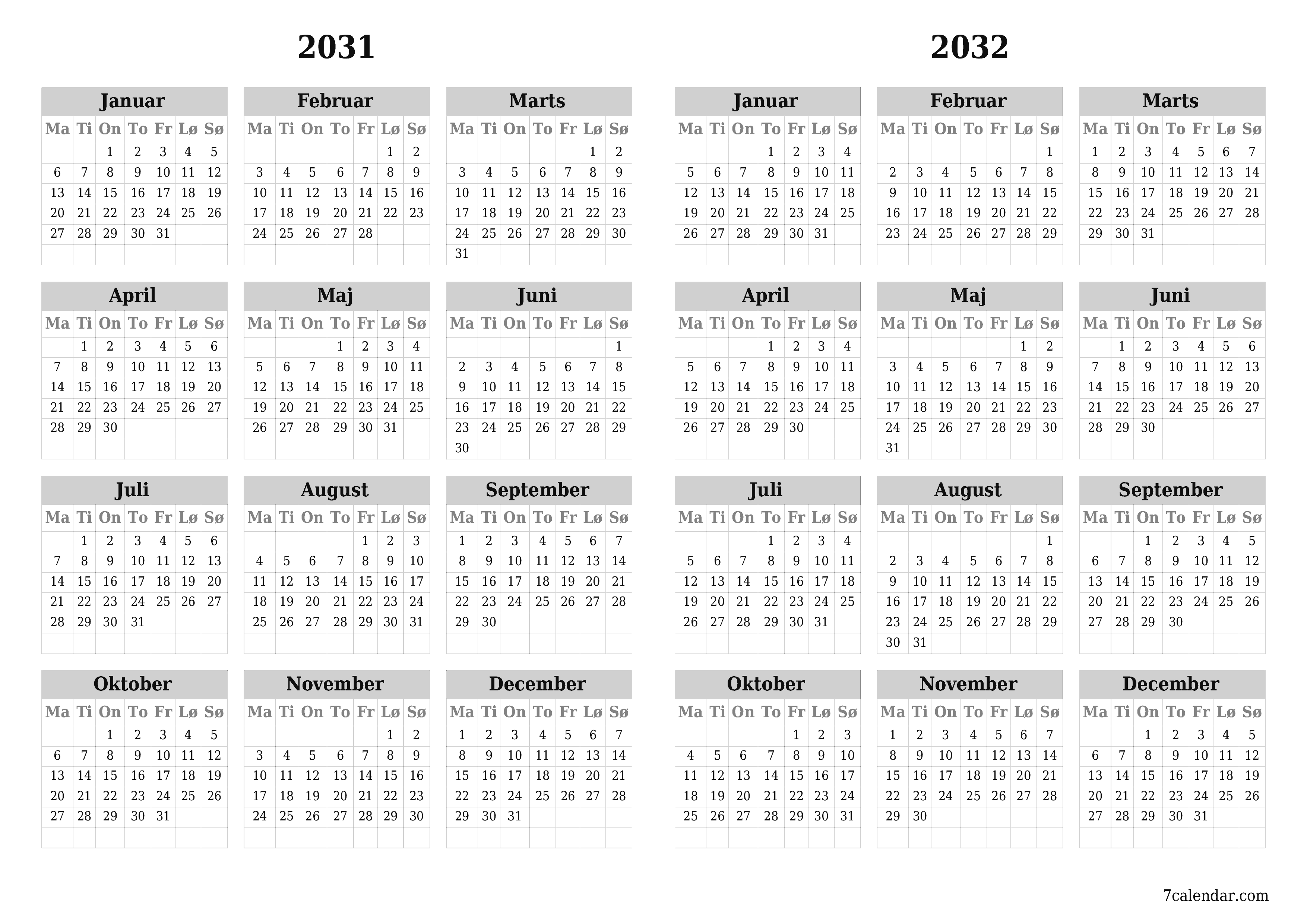 Tom årlig planlægningskalender for året 2031, 2032 med noter, gem og udskriv til PDF PNG Danish