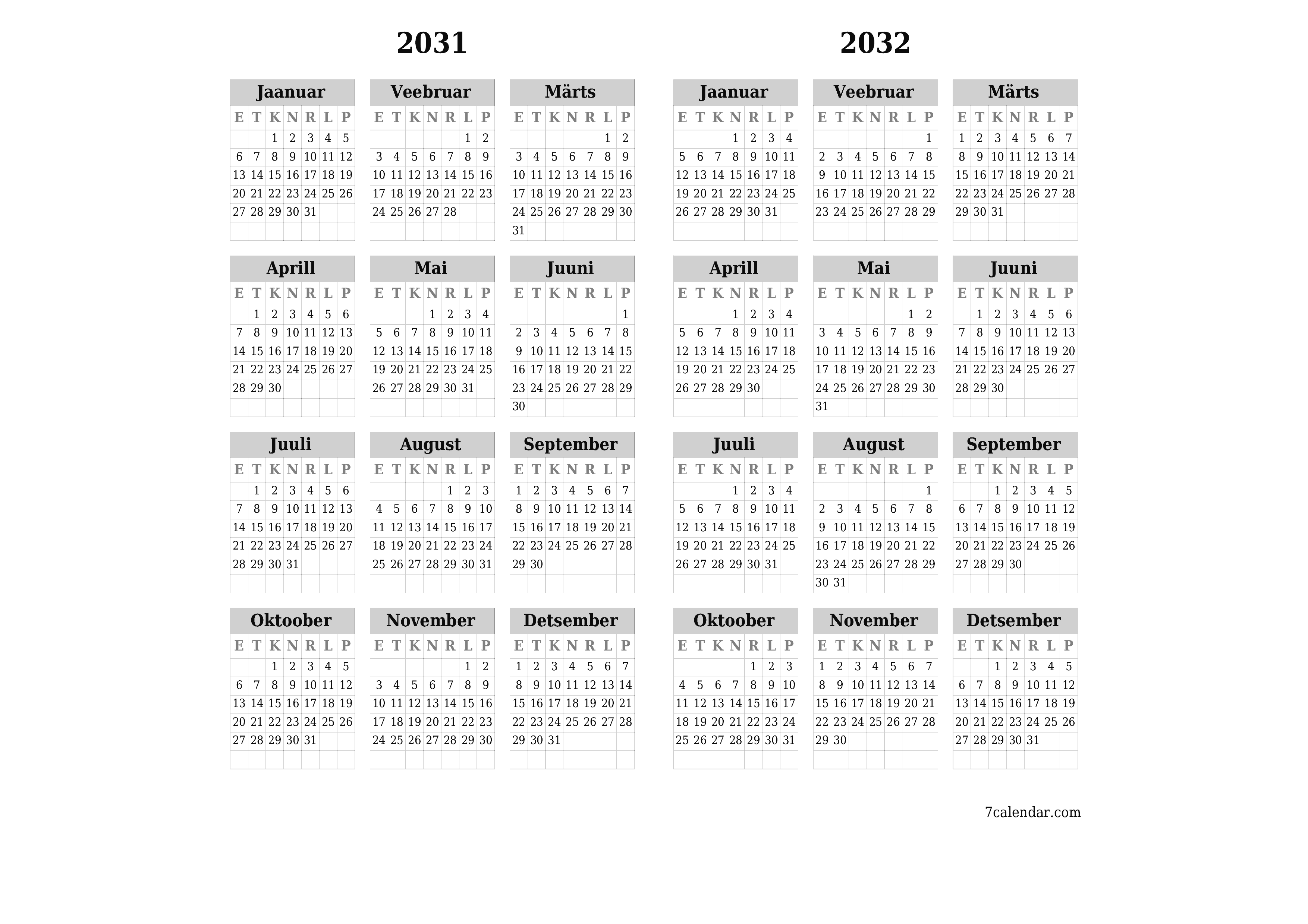 Tühi aasta planeerija kalender aastaks 2031, 2032 koos märkmetega, salvestage ja printige PDF-i PNG Estonian