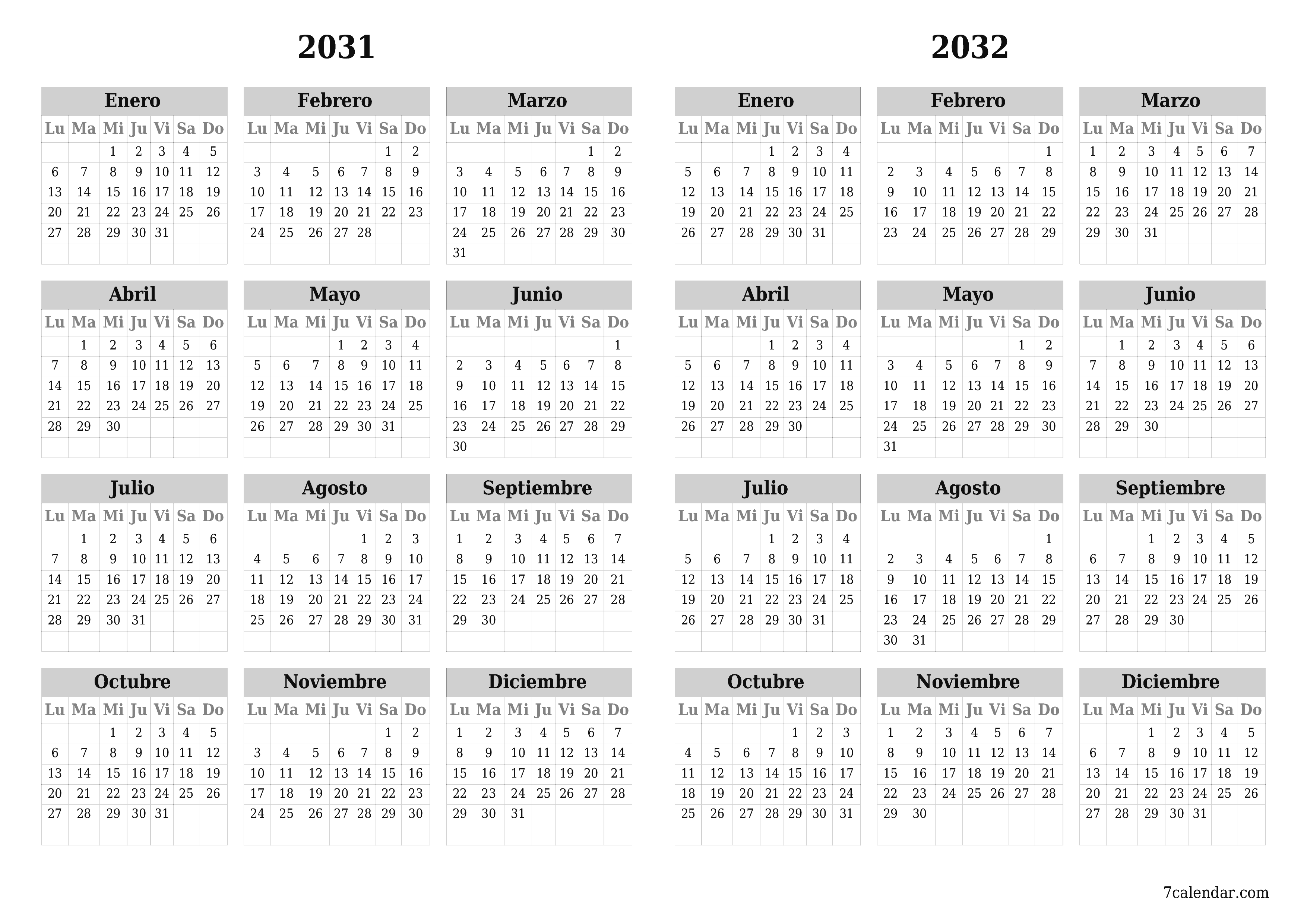 Calendario planificador anual vacío para el año 2031, 2032 con notas, guardar e imprimir en PDF PNG Spanish