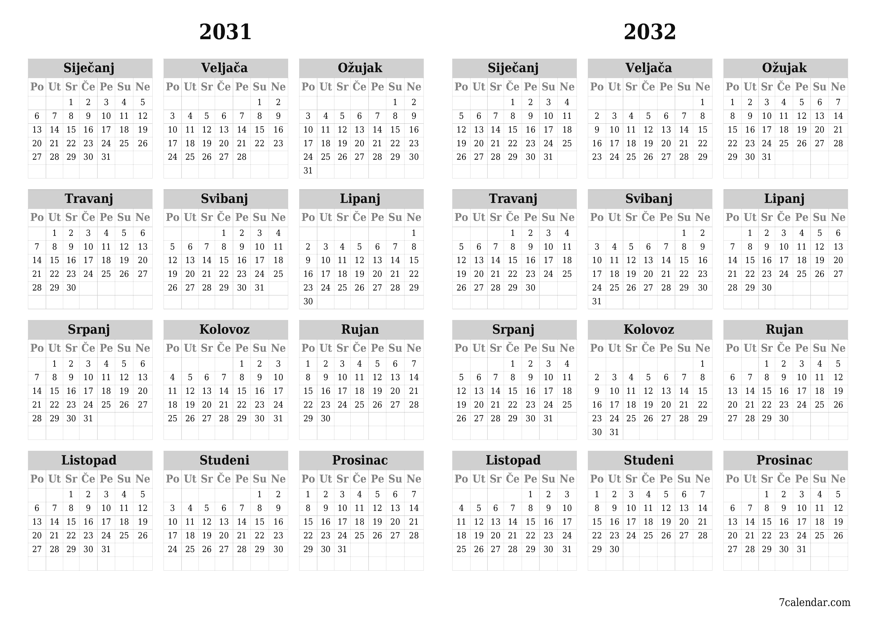 Ispraznite godišnji kalendar planera za godinu 2031, 2032 s bilješkama, spremite i ispišite u PDF PNG Croatian