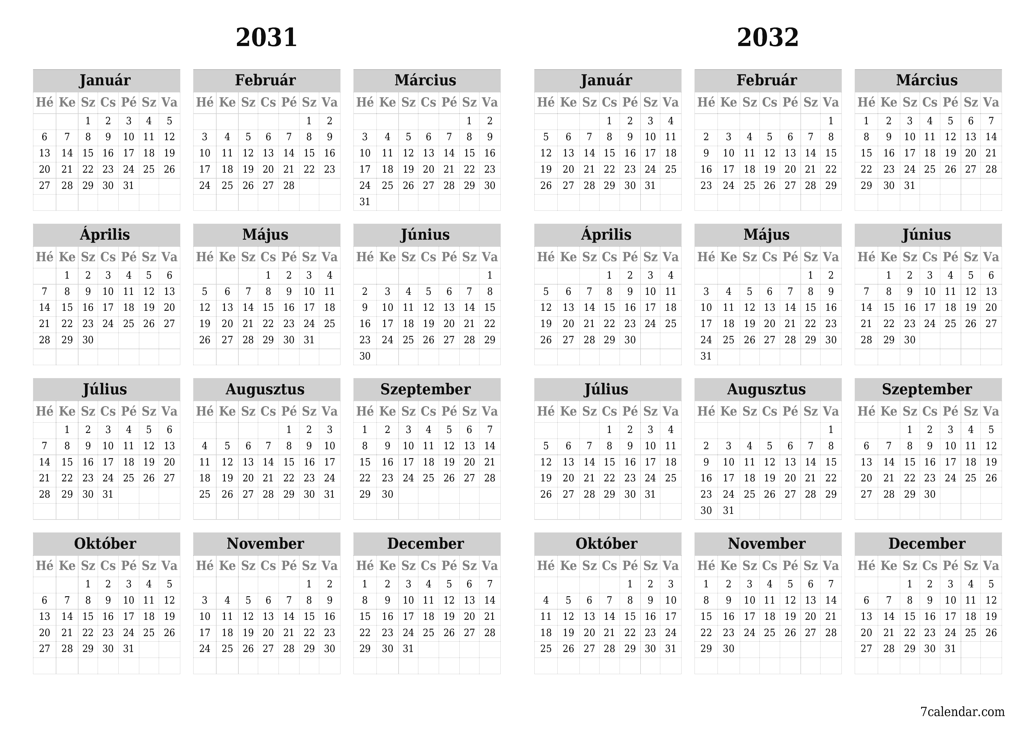 nyomtatható fali sablon ingyenes vízszintes Éves naptár Május (Máj) 2031