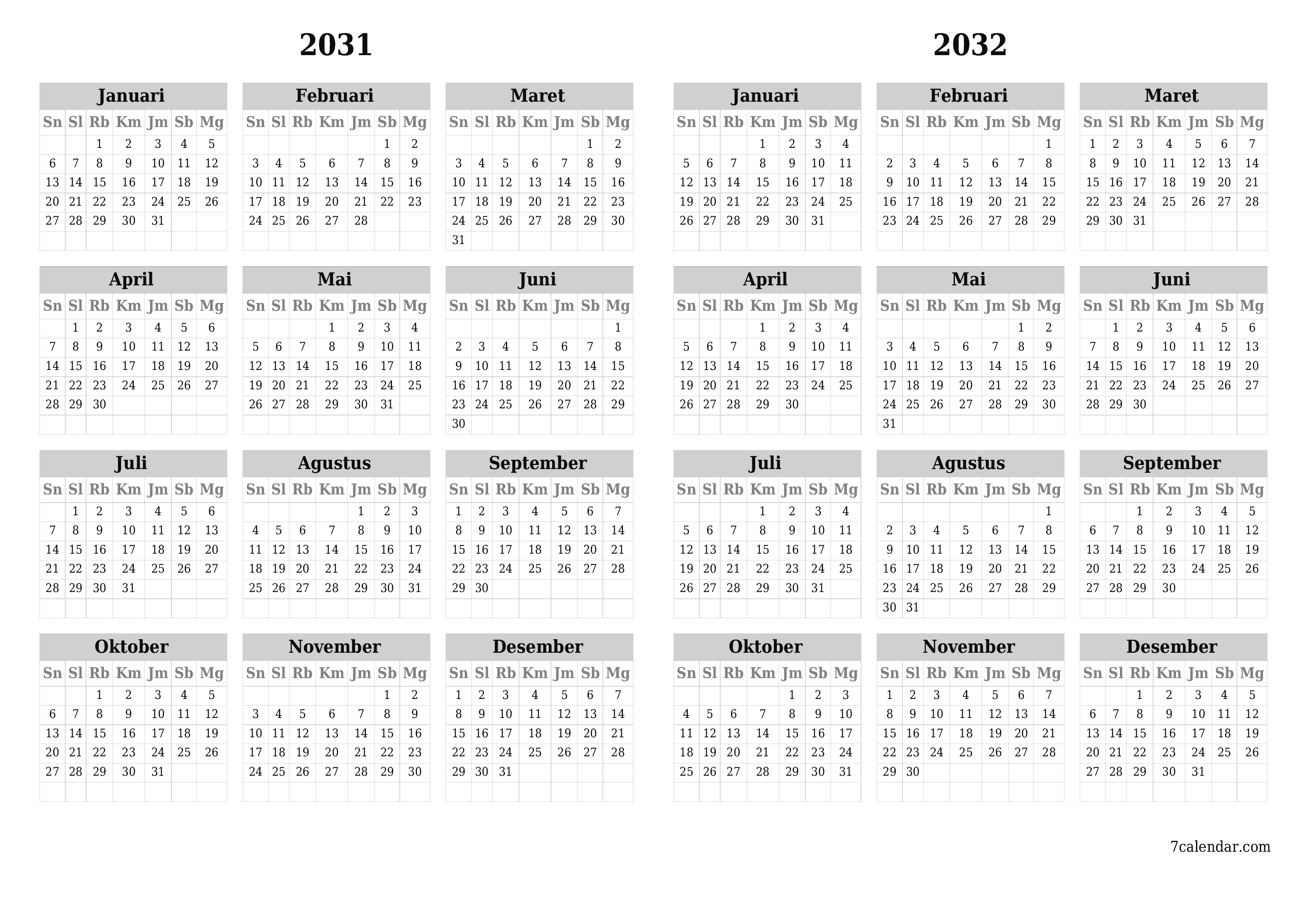 Kosongkan kalender perencana tahunan untuk tahun ini 2031, 2032 dengan catatan, simpan dan cetak ke PDF PNG Indonesian