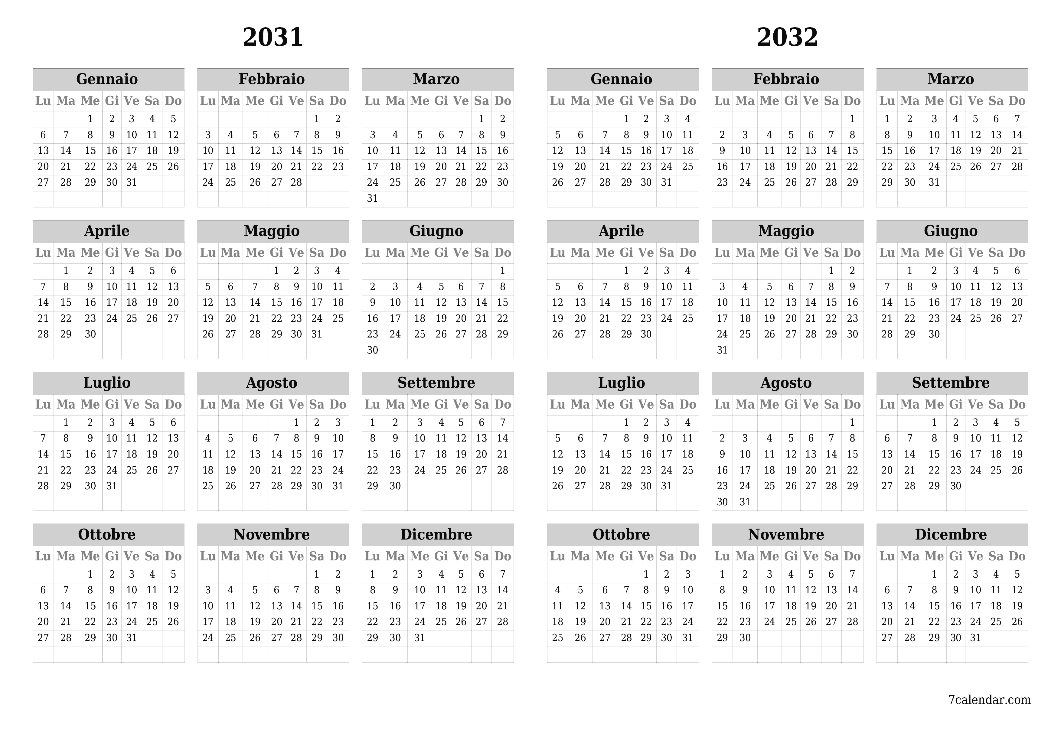  stampabile da parete modello di gratuitoorizzontale Annuale calendario Maggio (Mag) 2031