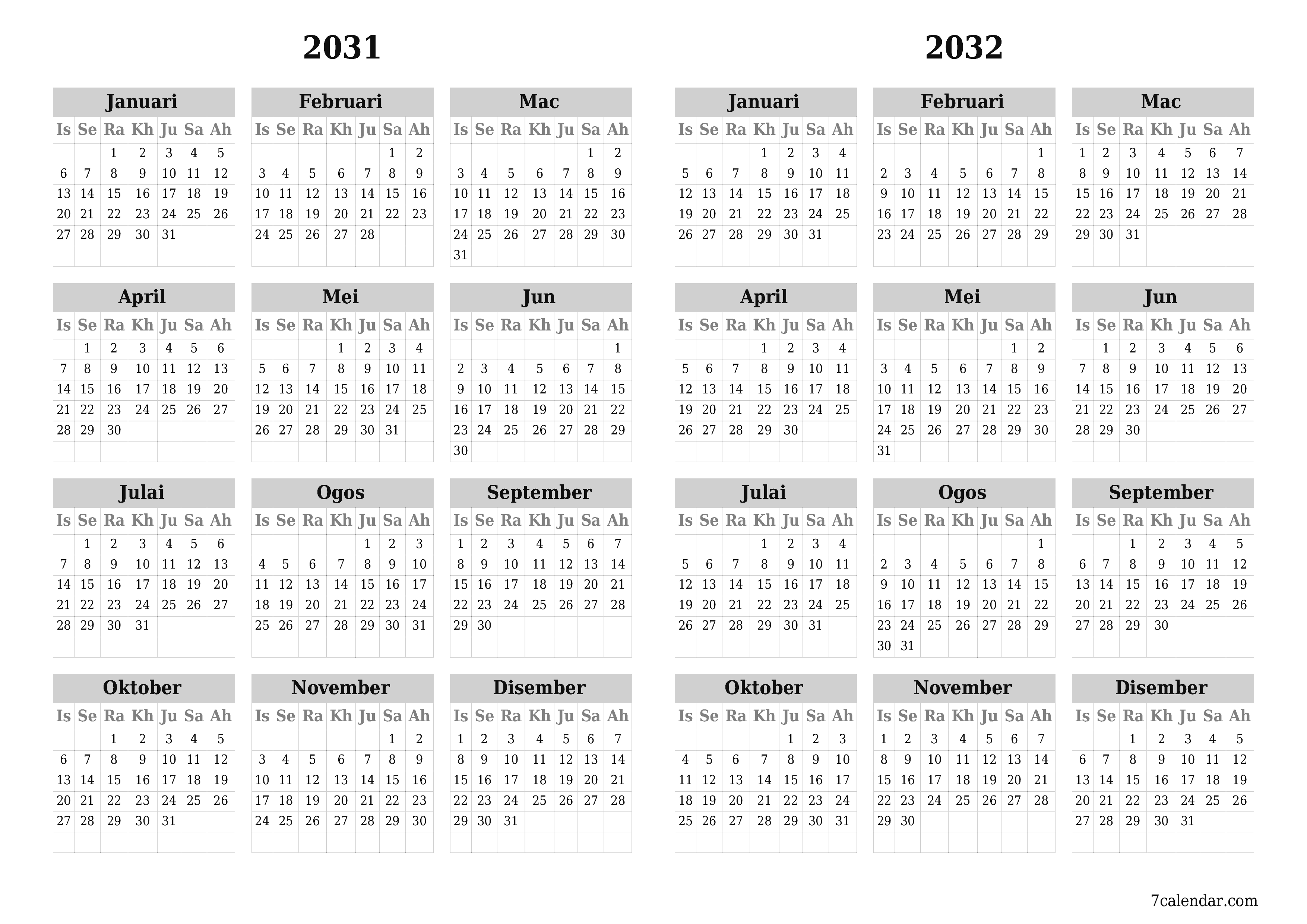 Kalendar perancang tahunan kosong untuk tahun ini 2031, 2032 dengan nota, simpan dan cetak ke PDF PNG Malay