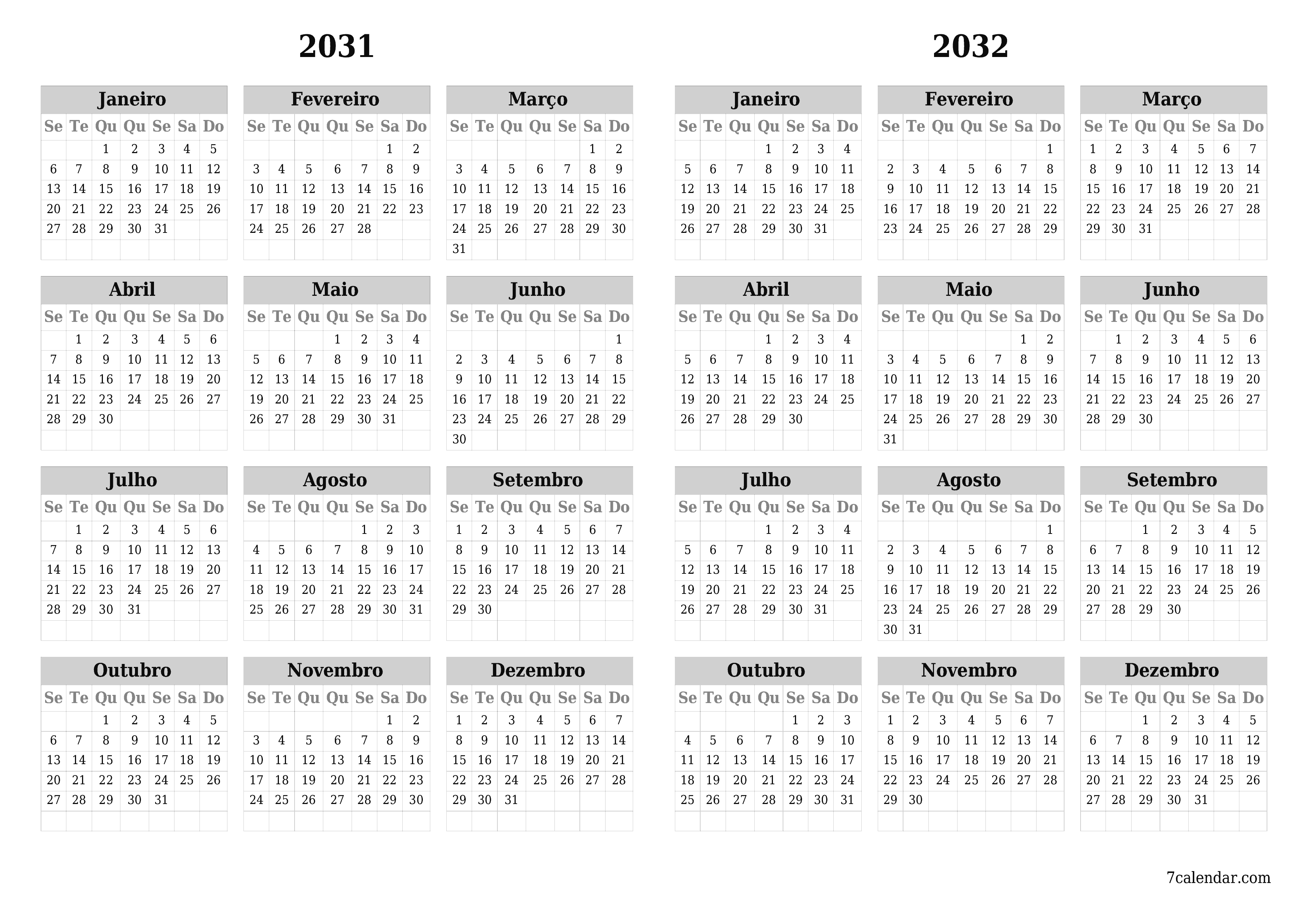 Calendário de planejador anual vazio para o ano 2031, 2032 com notas, salve e imprima em PDF PNG Portuguese