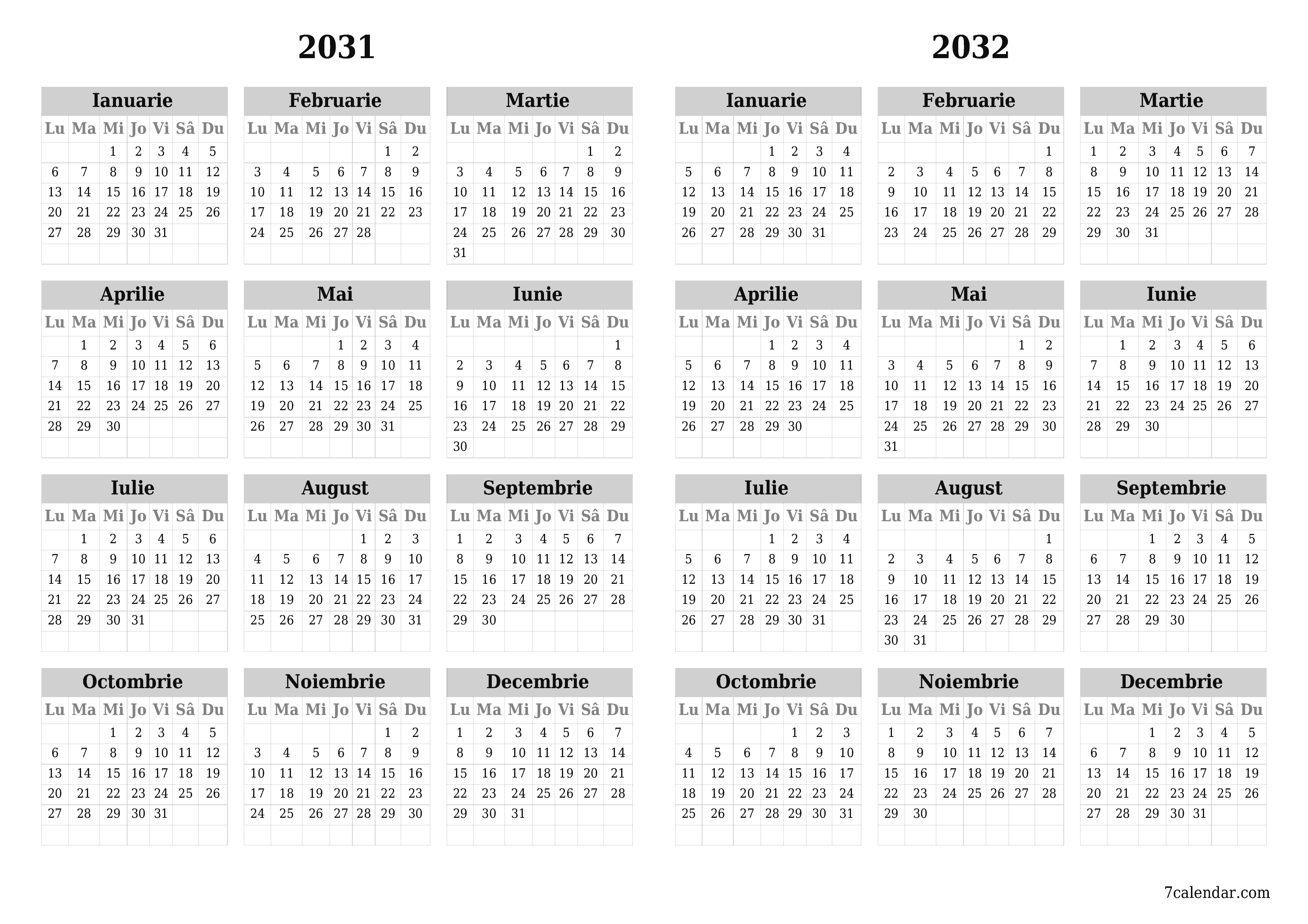 Goliți calendarul anual al planificatorului pentru anul 2031, 2032 cu note, salvați și tipăriți în PDF PNG Romanian