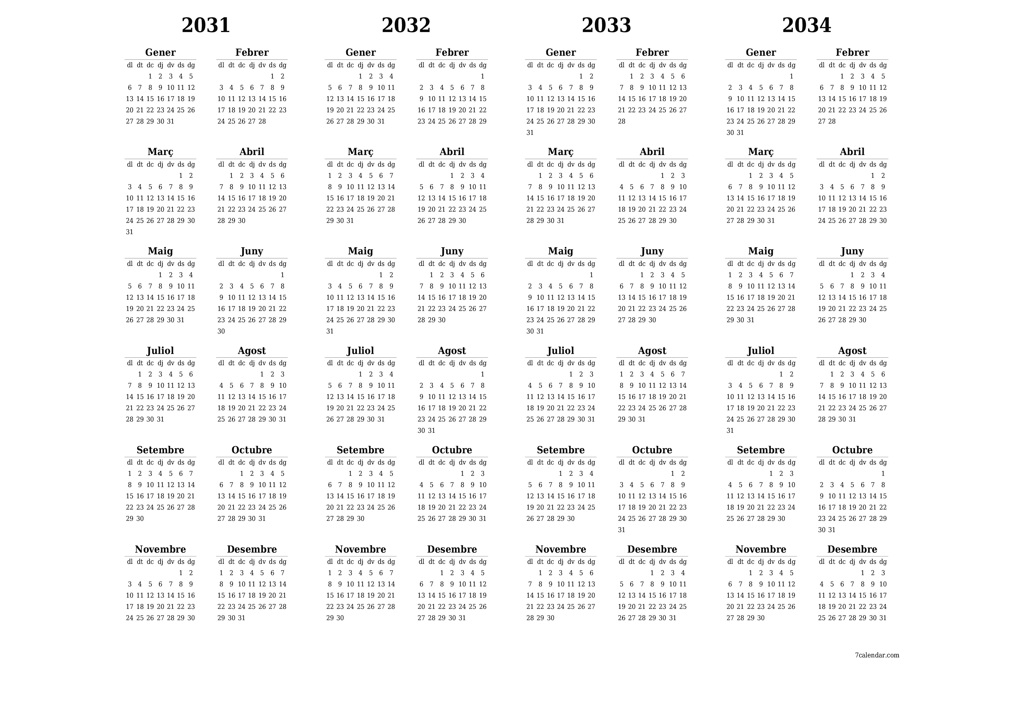 Planificador anual buit 2031, 2032, 2033, 2034 amb notes desades i imprimides en PDF PNG Catalan