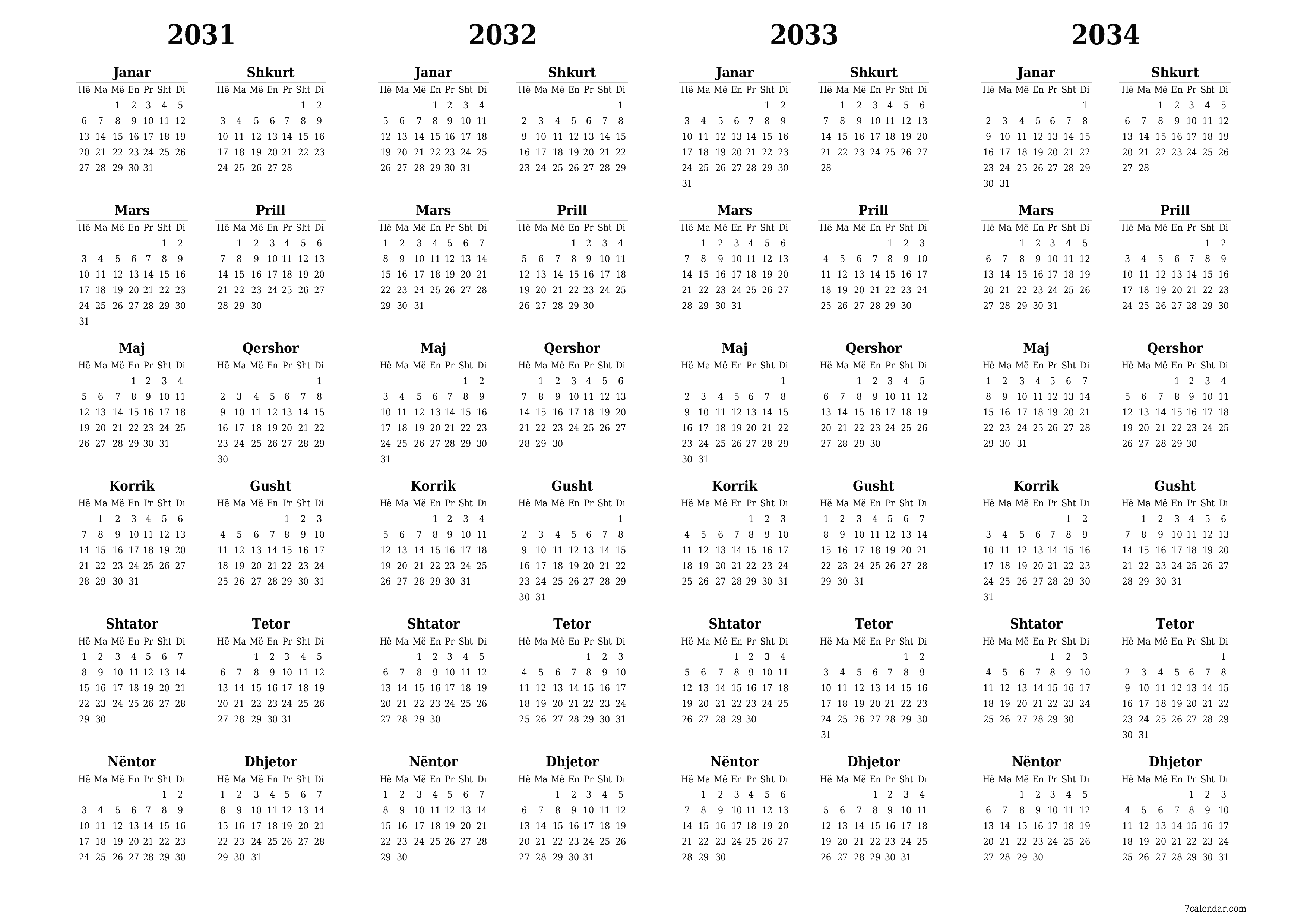 Planifikuesi bosh i kalendarit vjetor për vitin 2031, 2032, 2033, 2034 me shënime, ruani dhe printoni në PDF PNG Albanian