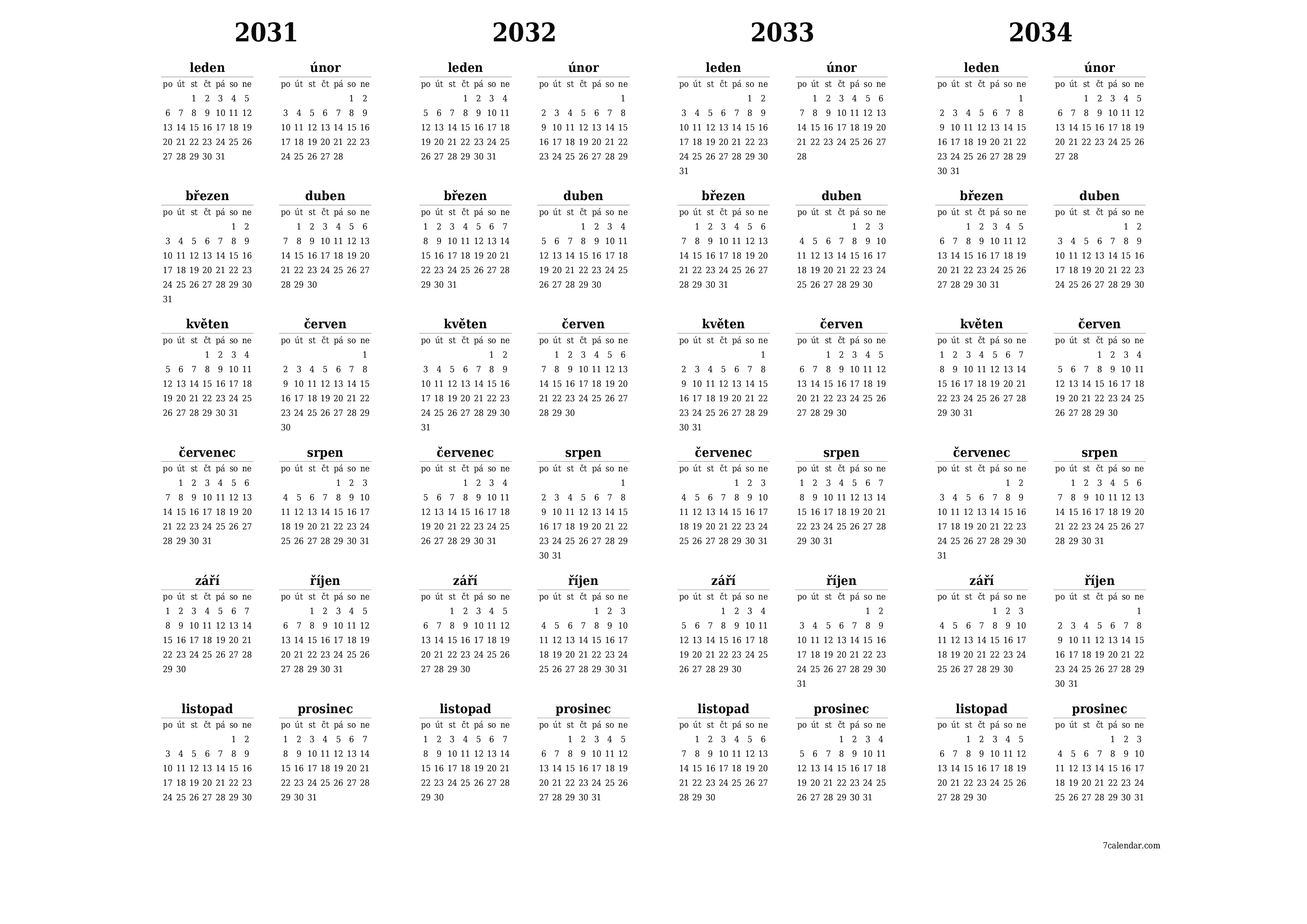 Prázdný roční kalendář plánovače pro rok 2031, 2032, 2033, 2034 s poznámkami, uložením a tiskem do PDF PNG Czech