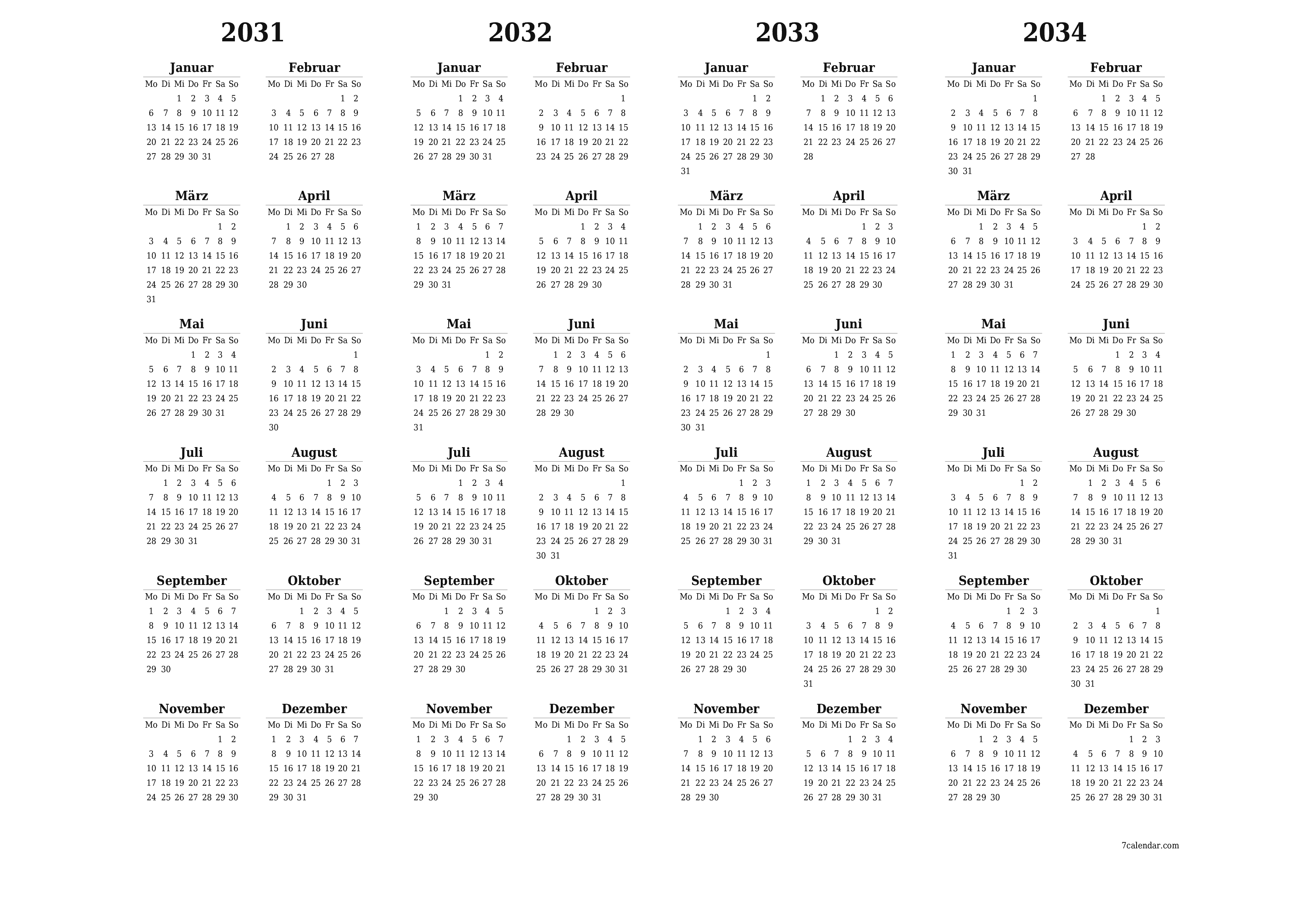 Jahresplanerkalender für das Jahr 2031, 2032, 2033, 2034 mit Notizen leeren, speichern und als PDF PNG German - 7calendar.com drucken