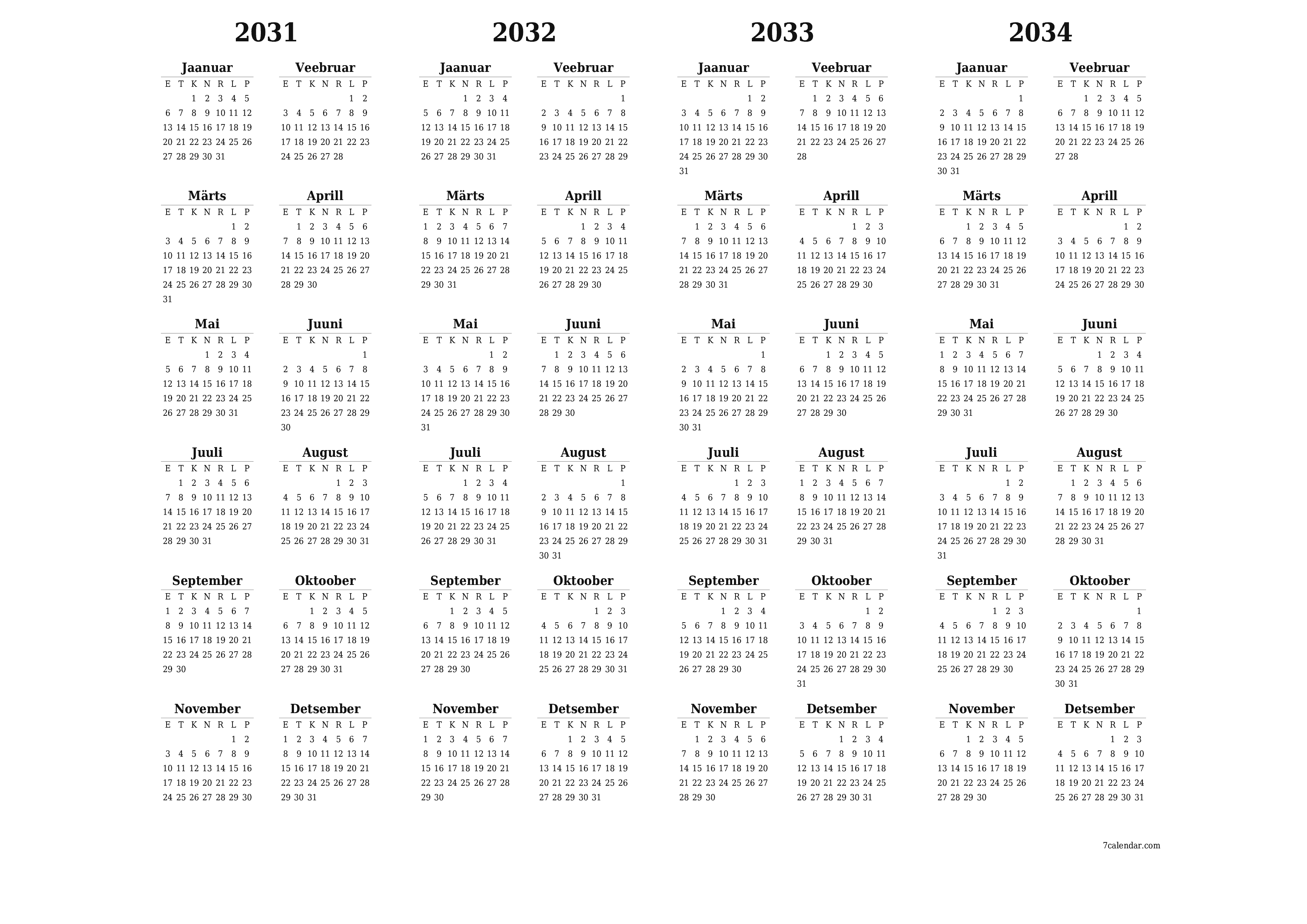 Tühi aasta planeerija kalender aastaks 2031, 2032, 2033, 2034 koos märkmetega, salvestage ja printige PDF-i PNG Estonian