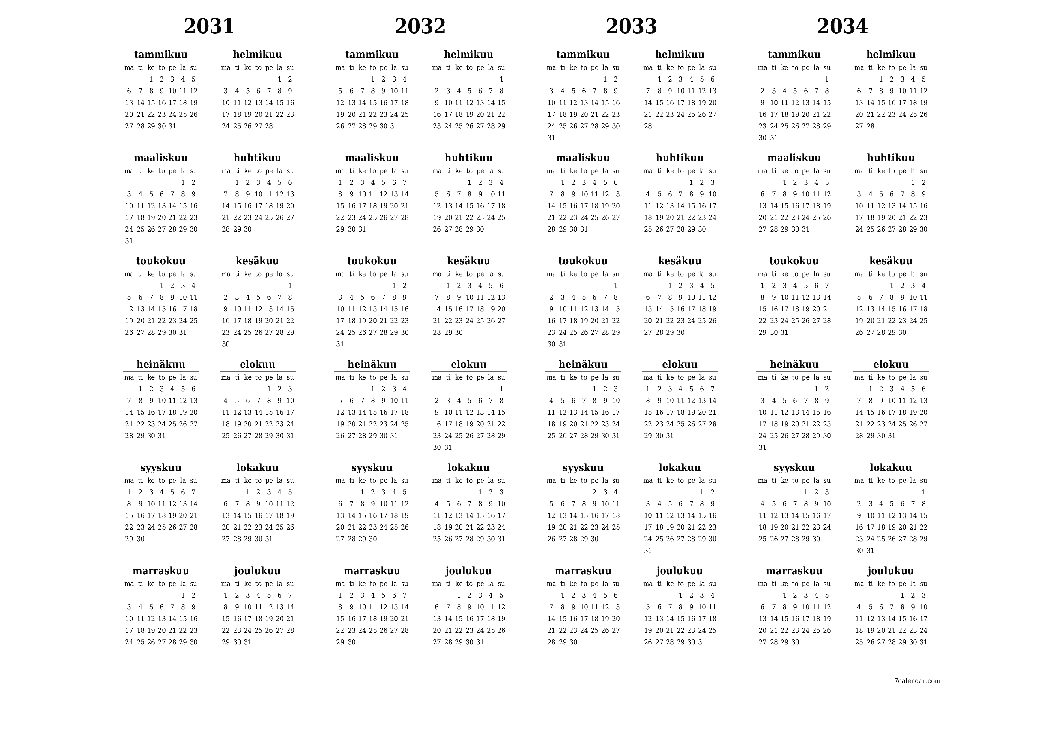 Tyhjä vuosisuunnittelukalenteri vuodelle 2031, 2032, 2033, 2034 muistiinpanoilla, tallenna ja tulosta PDF-muotoon PNG Finnish