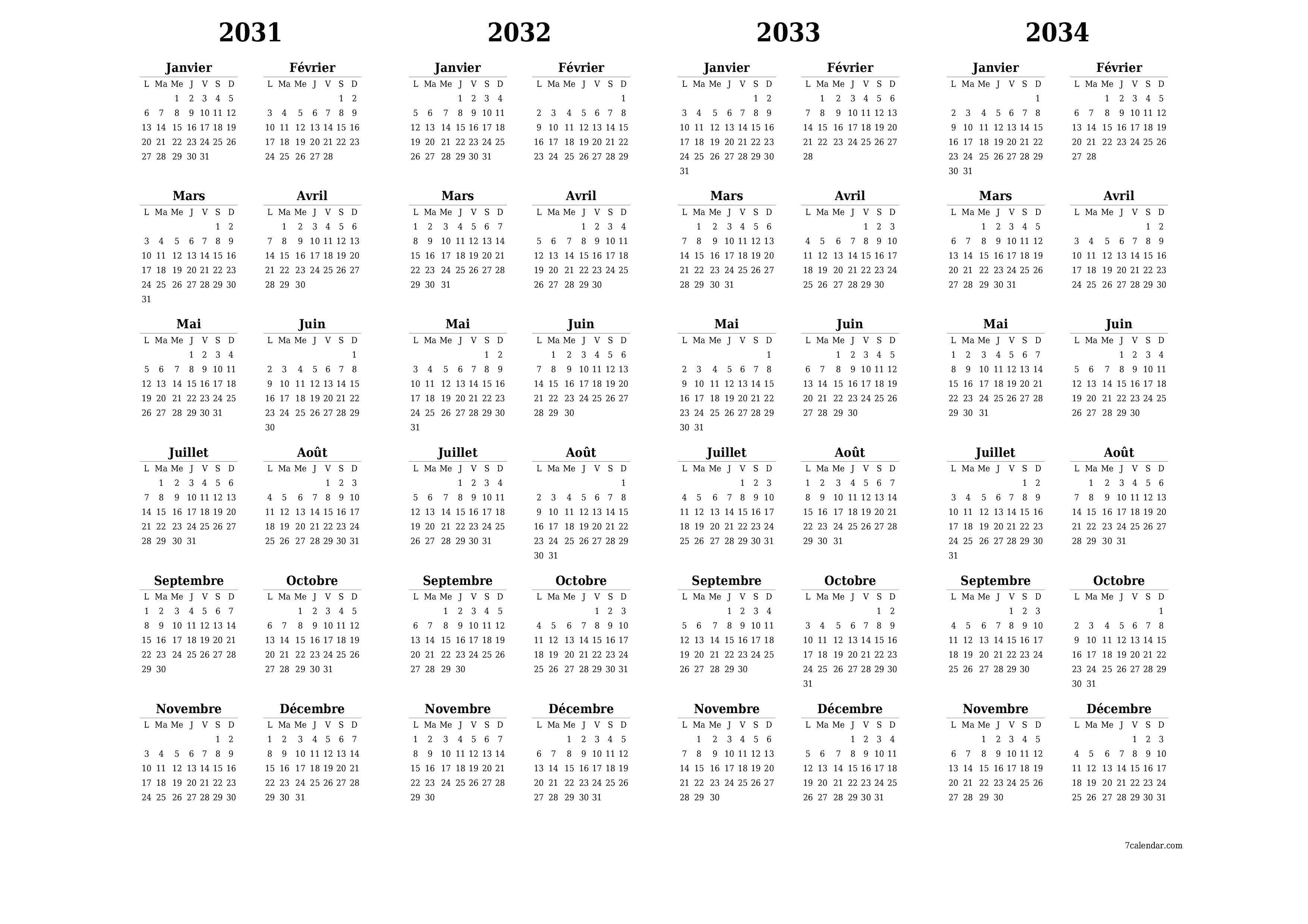 Calendrier annuel vide pour l'année 2031, 2032, 2033, 2034 avec notes, enregistrer et imprimer au format PDF PNG French