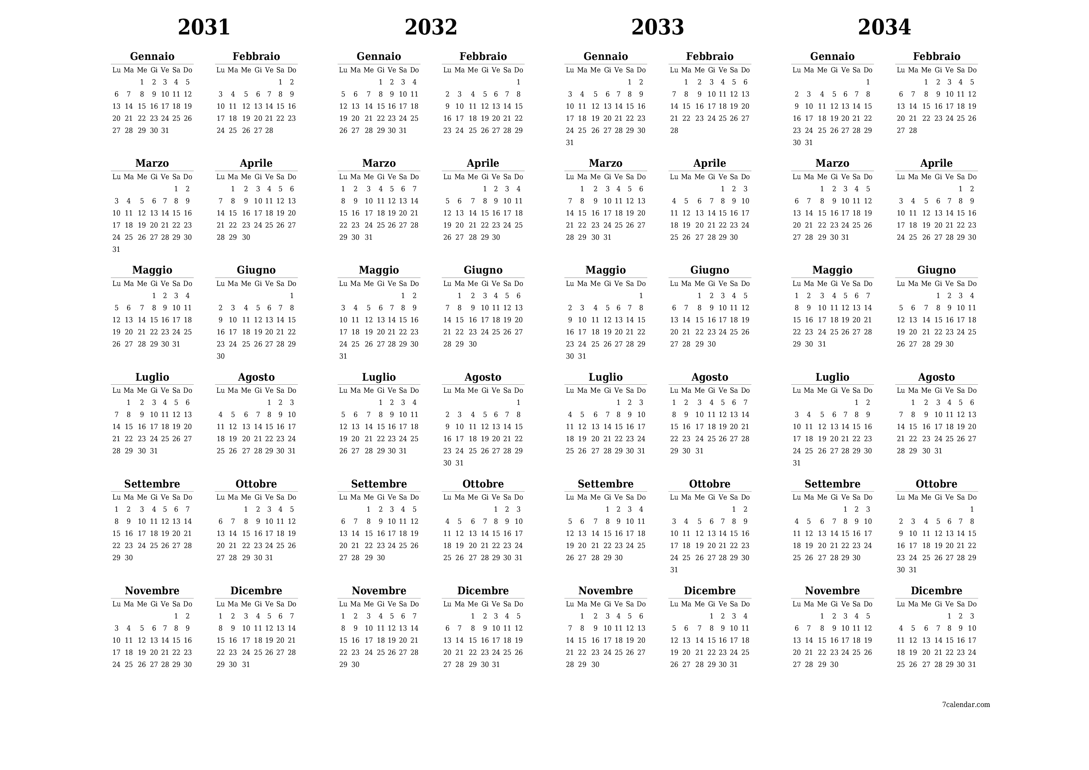 Calendario pianificatore annuale vuoto per l'anno 2031, 2032, 2033, 2034 con note, salva e stampa in PDF PNG Italian