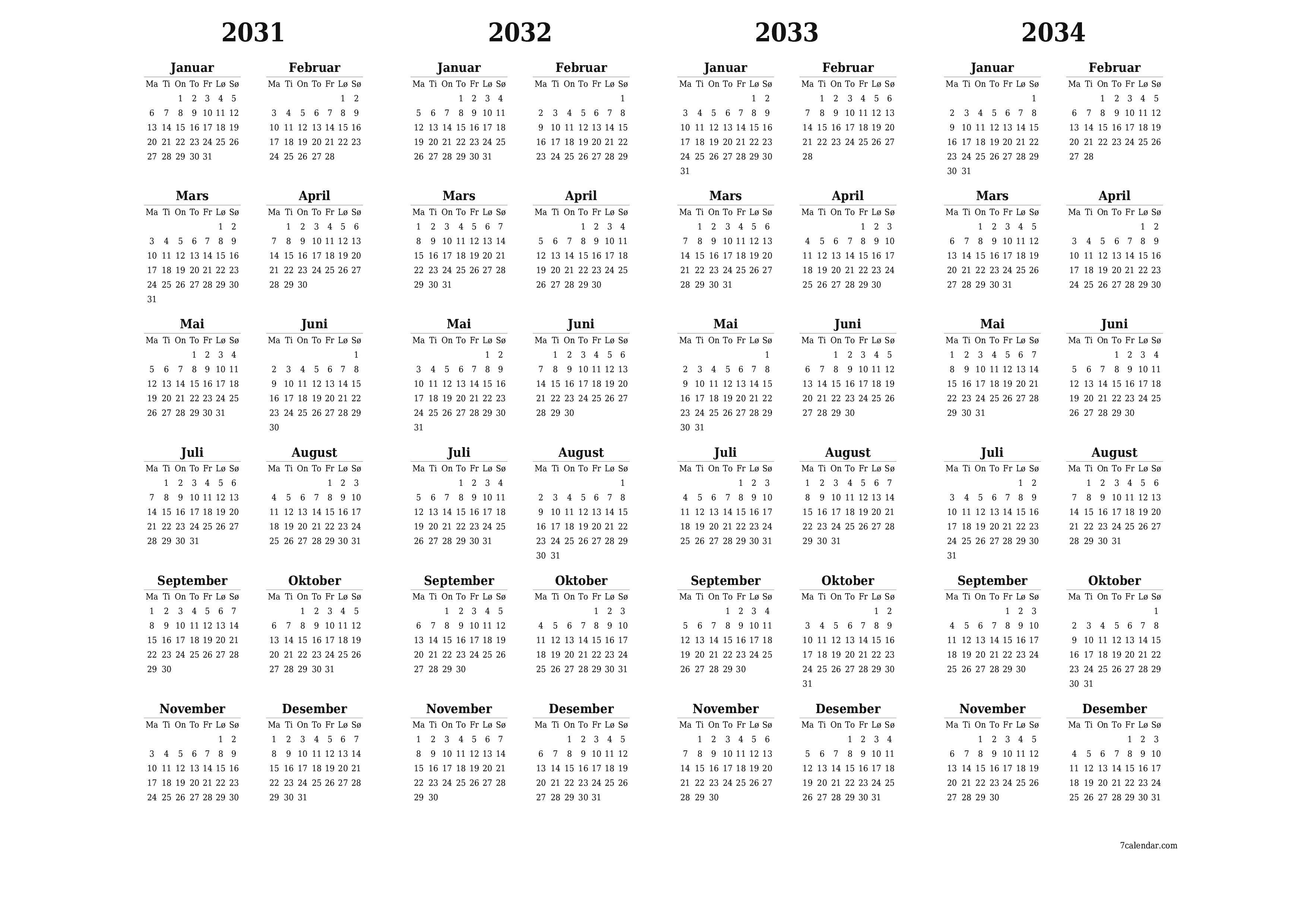 Tom årlig planleggerkalender for året 2031, 2032, 2033, 2034 med notater, lagre og skrive ut i PDF PNG Norwegian