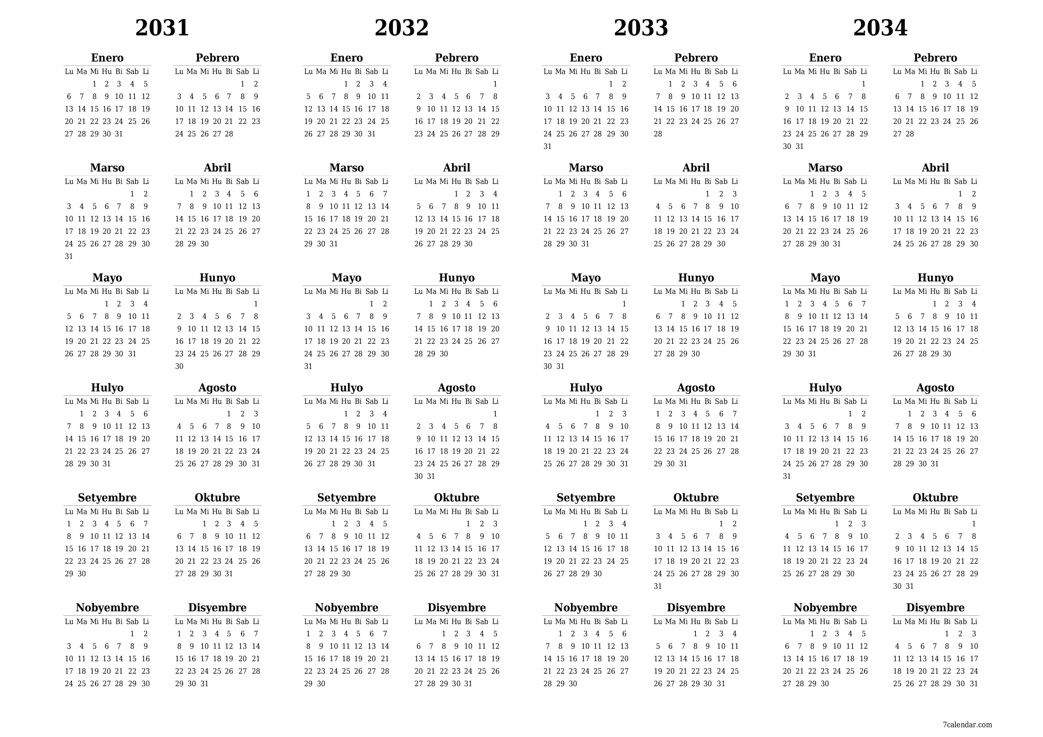 Walang laman ang taunang kalendaryo ng tagaplano para sa taong 2031, 2032, 2033, 2034 na may mga tala, i-save at i-print sa PDF PNG Filipino