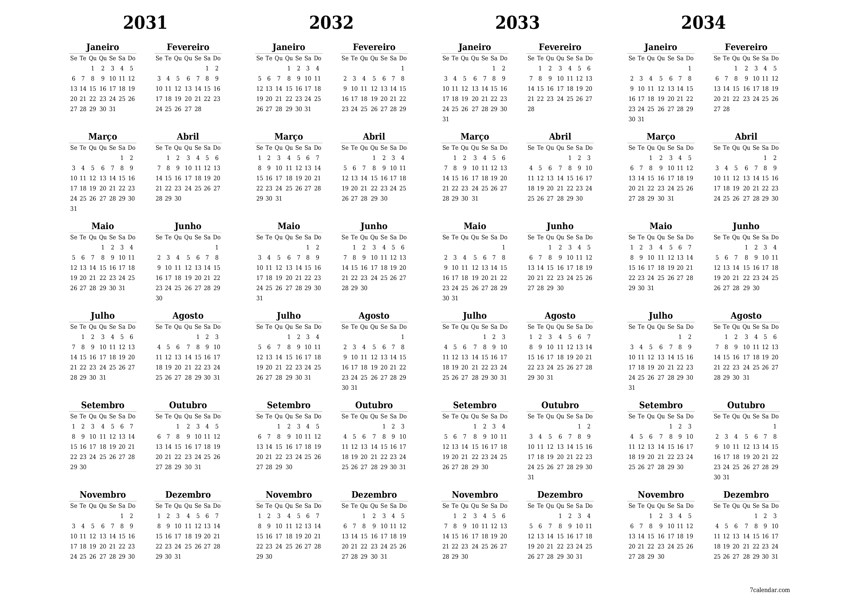 Calendário de planejador anual vazio para o ano 2031, 2032, 2033, 2034 com notas, salve e imprima em PDF PNG Portuguese