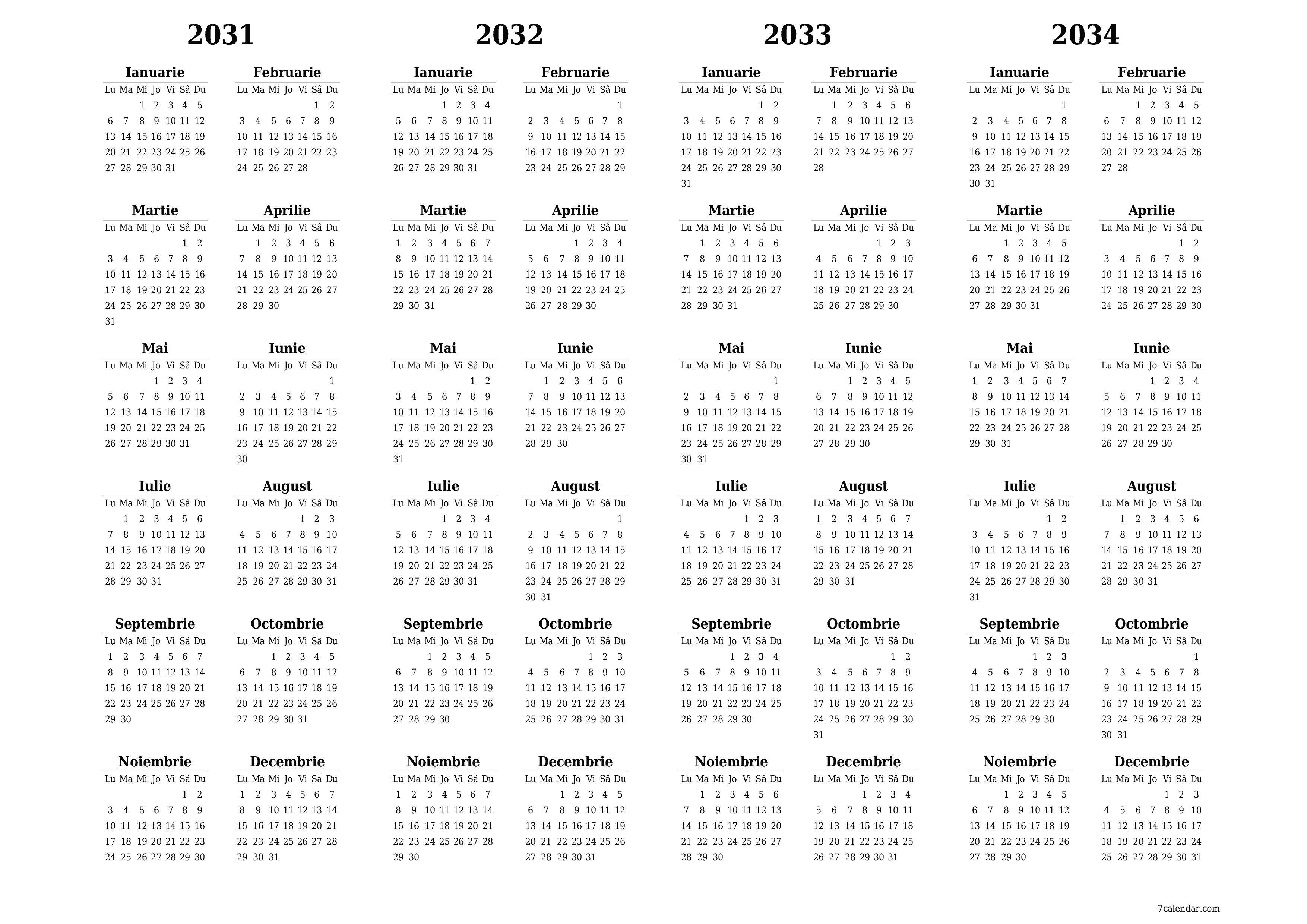 Goliți calendarul anual al planificatorului pentru anul 2031, 2032, 2033, 2034 cu note, salvați și tipăriți în PDF PNG Romanian