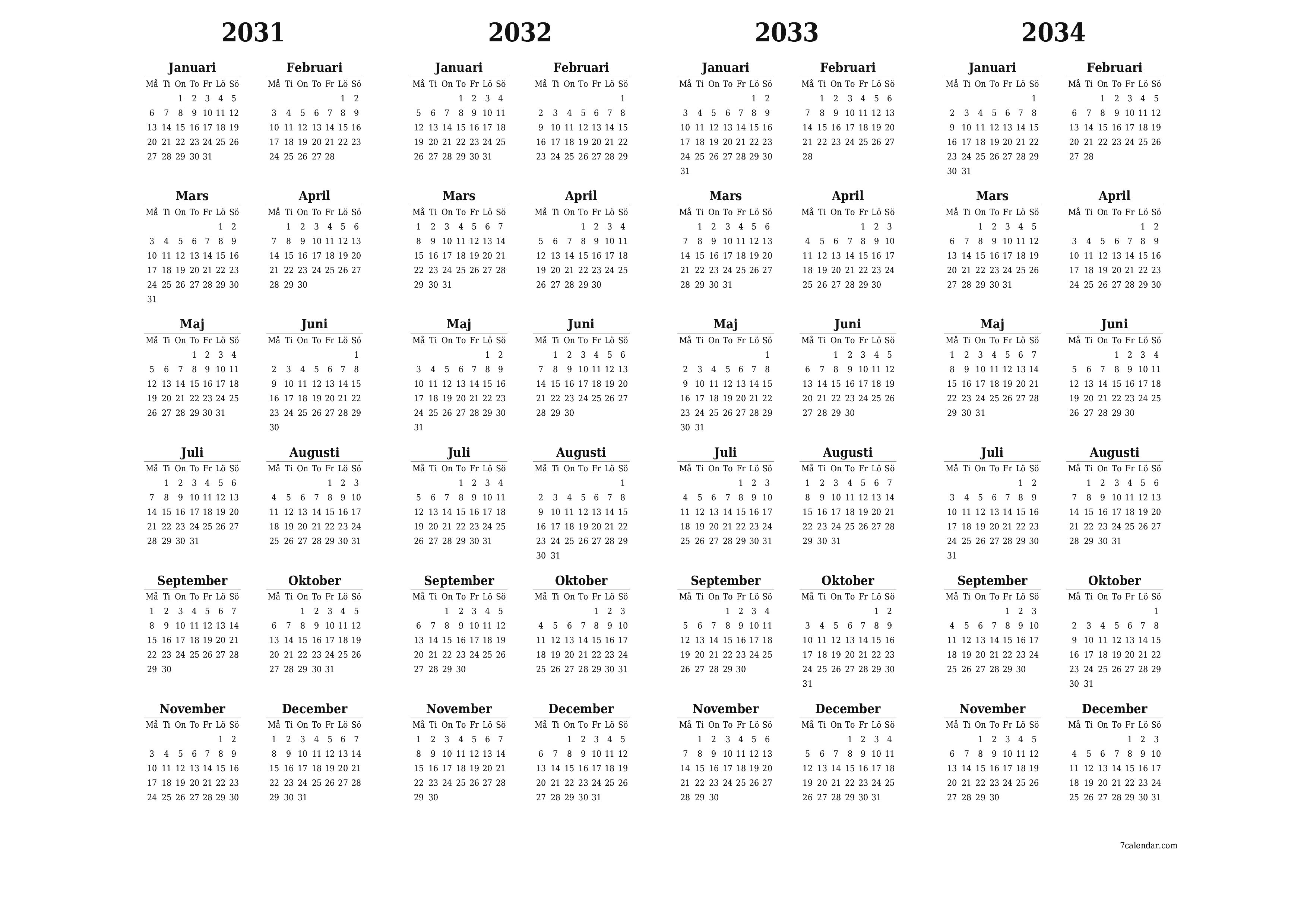 Tom årlig planeringskalender för året 2031, 2032, 2033, 2034 med anteckningar, spara och skriv ut till PDF PNG Swedish