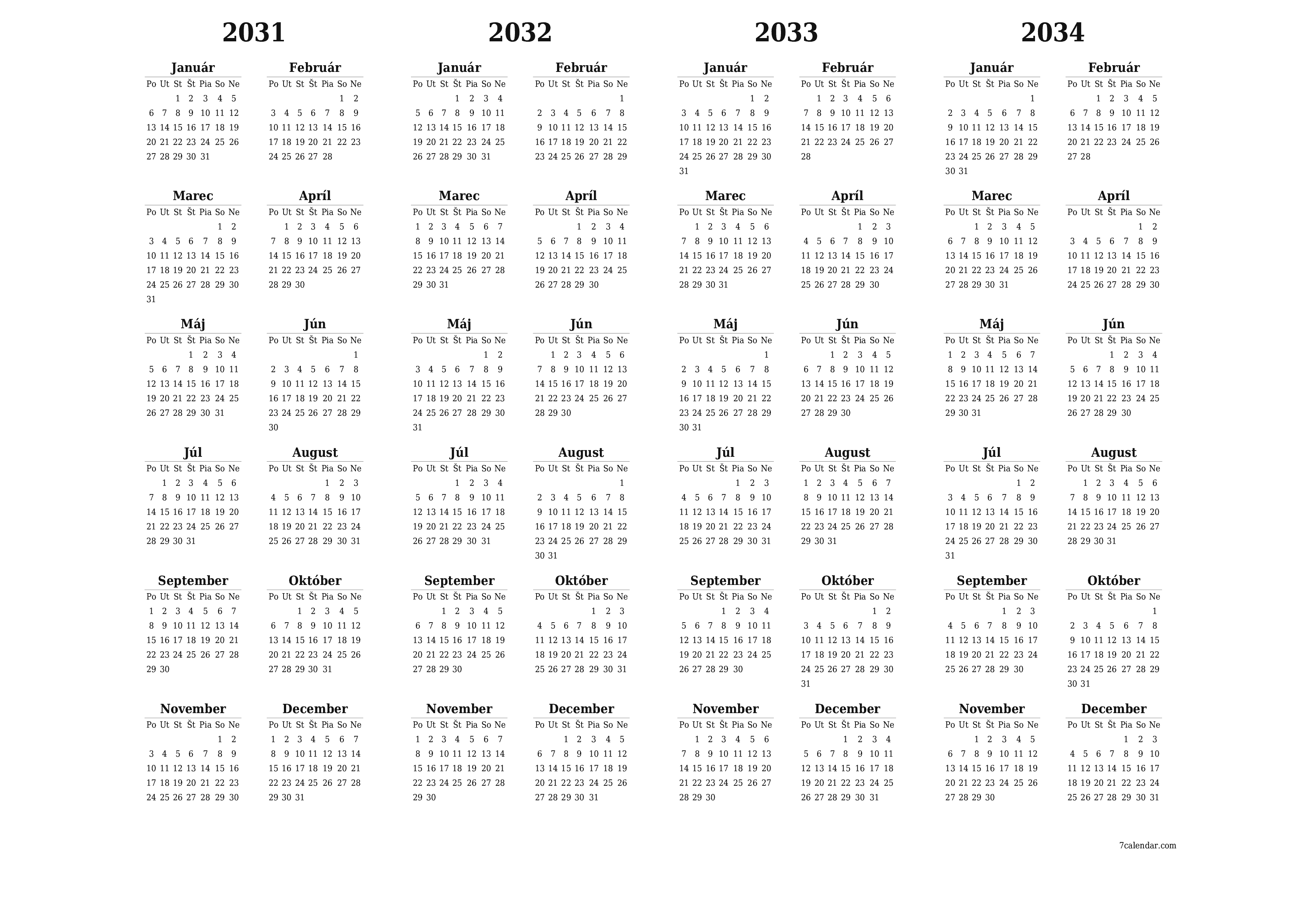 Prázdny ročný kalendár plánovača na rok 2031, 2032, 2033, 2034 s poznámkami, uložením a tlačou do formátu PDF PNG Slovak